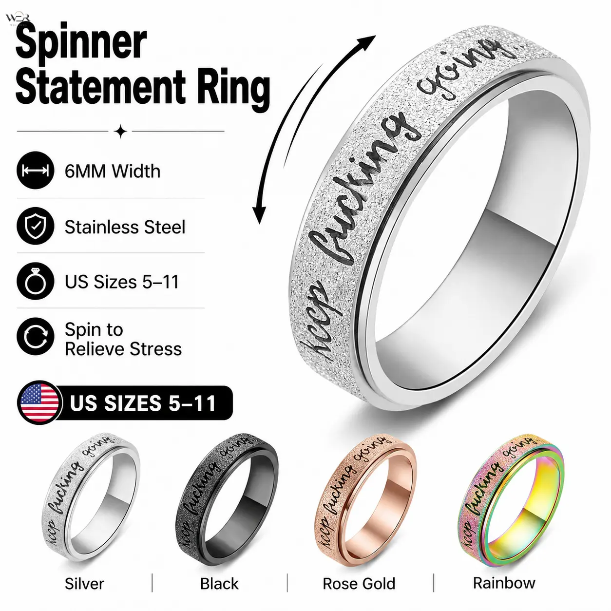 Unisex 4-Color Engraved Slogan Matte Stainless Steel Stress Relief Ring, 6mm Wide Fidget Rotating Band, US Size 5-11 Funny Statement Piece Jewelry Gift