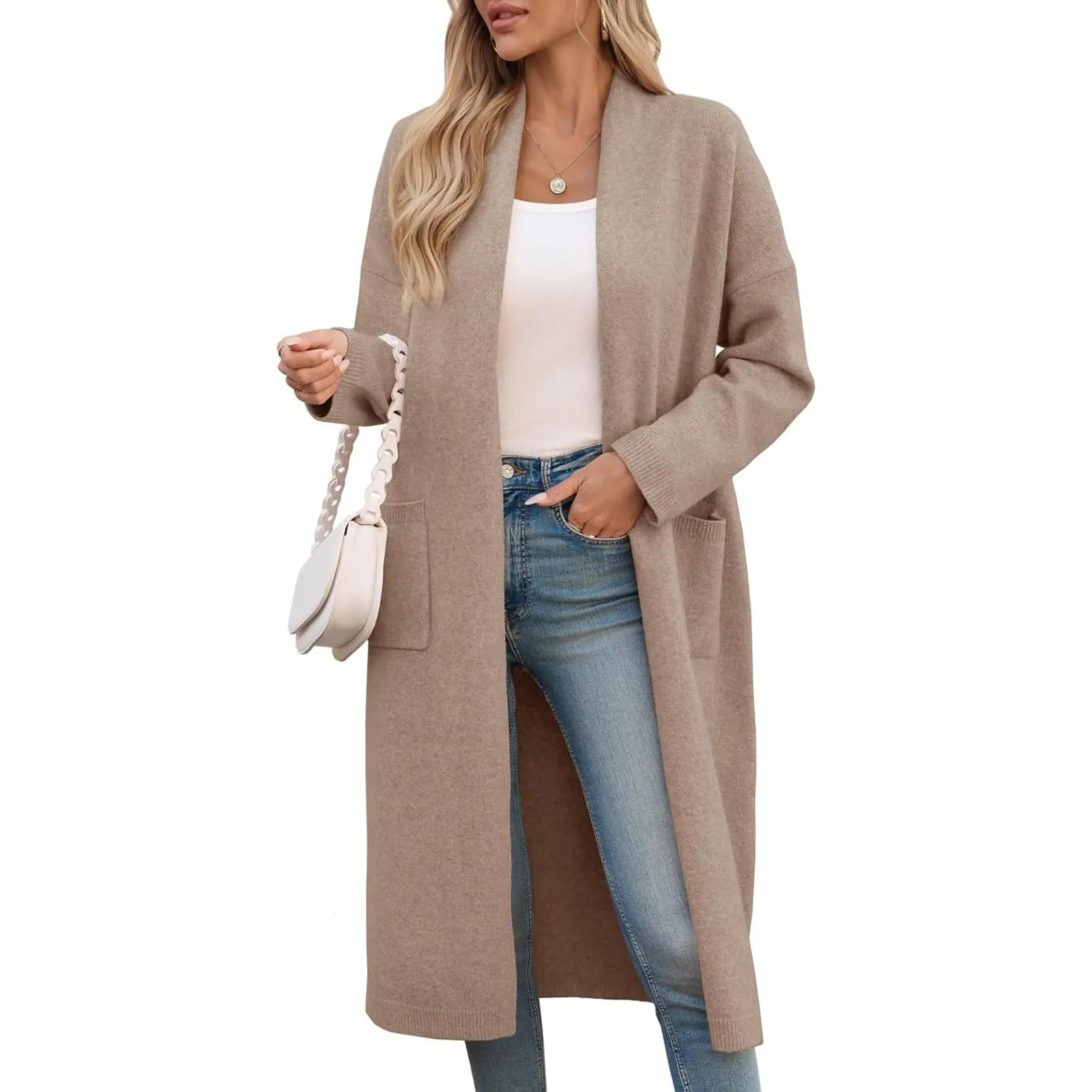 Aoysky Women's Basic Long-Sleeve Loose Knitwear, Extra Long Oversized Chunky Knit Open Front Casual Duster Coat with Pockets, Thanksgiving, Valentines Day, Polyamide, Elastane, Acrylic, Cardigan, Classic, Elegant