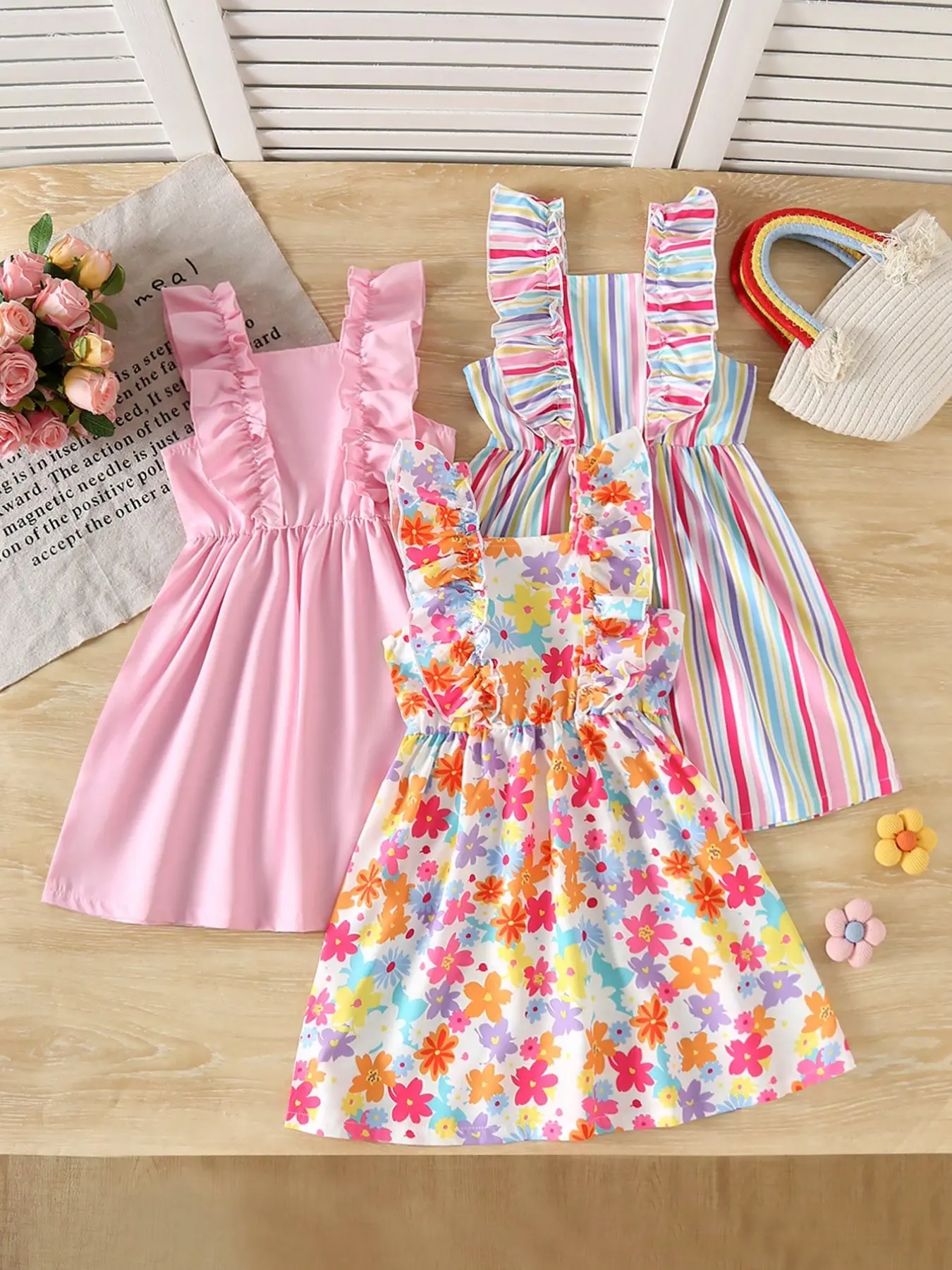 3-Piece Set for Girls, Sweet Ruffle Striped Floral Solid Dresses, Summer Sundresses, Summer Cute Dresses, Ditsy Floral Dress, Perfect for Daily Wear, Vacation Parties, Outdoor Play, Ages 3-7
