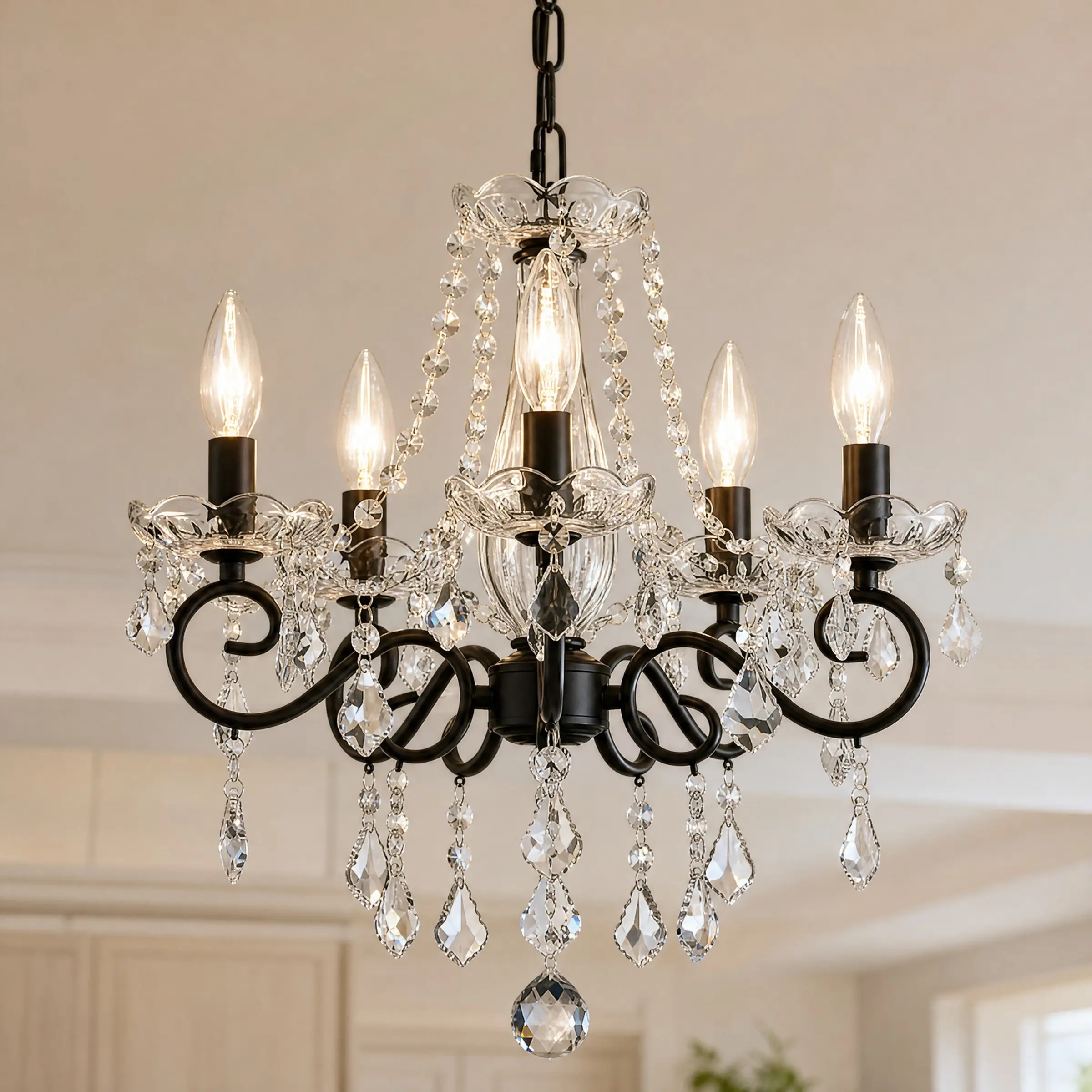 Crystal Candle Chandelier Pendant Flushmount Ceiling Light Modern Lighting Fixture Decorative Light Home Ceiling Lighting Decor Lighting for Bedroom Hallway Bar Kitchen Bathroom, Black, 5*E14 Base (Bulbs Not Included)
