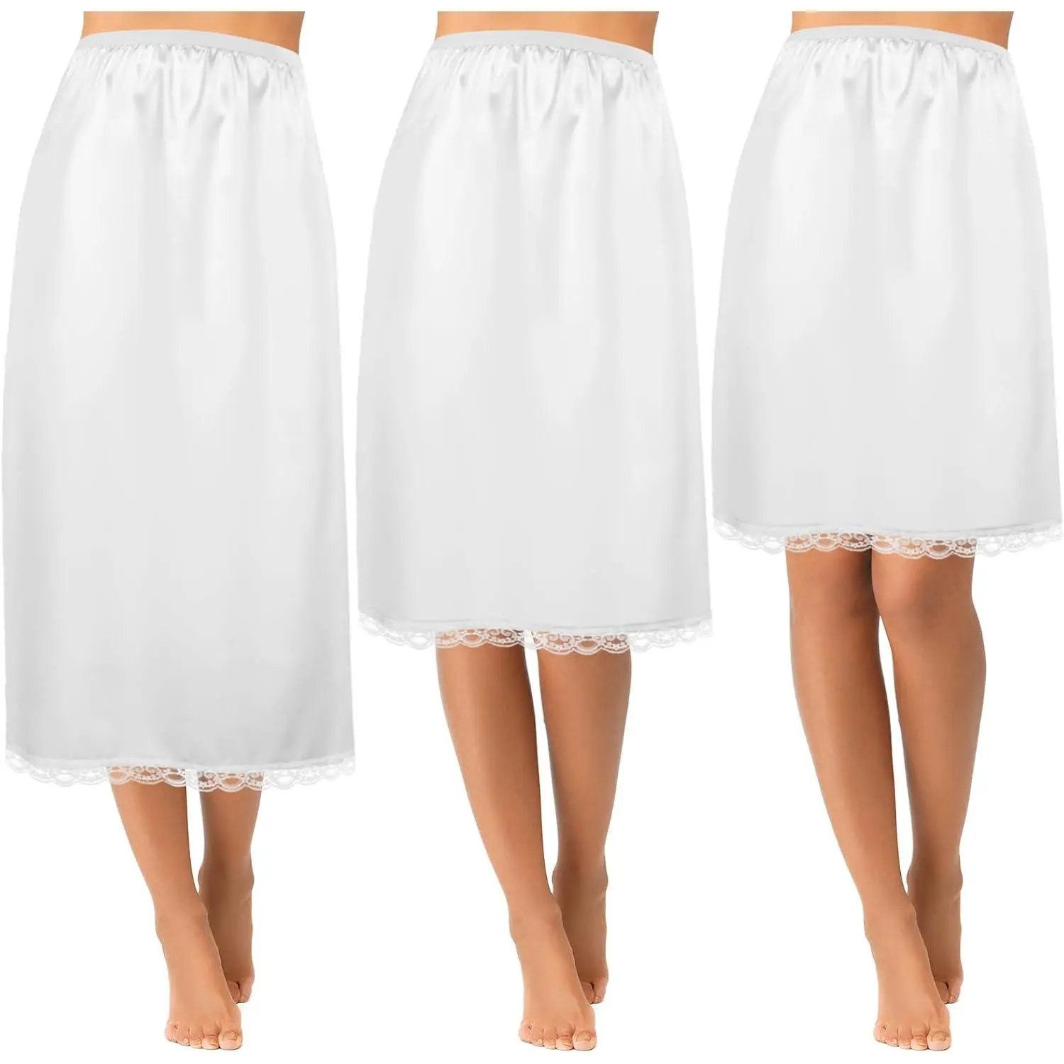 3 Pieces Women's Satin Half Slip For Under Dresses, 3 Different Lengths 19/27/35 Inch Lace Trim Underskirt