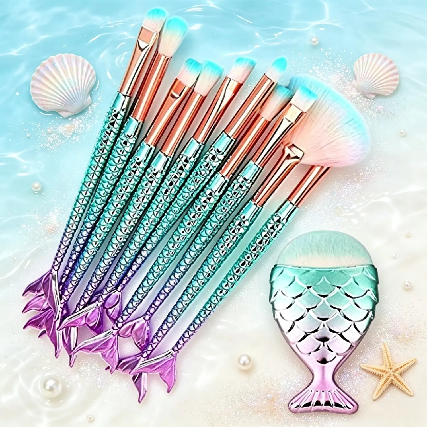 Beginner exclusive 11pcs colorful fishtail brush set with delicate gradient mermaid handles. Soft blendable bristles for full face makeup, affordable cosmetic gift for students daily use and bestie presents makeup brush kit.
