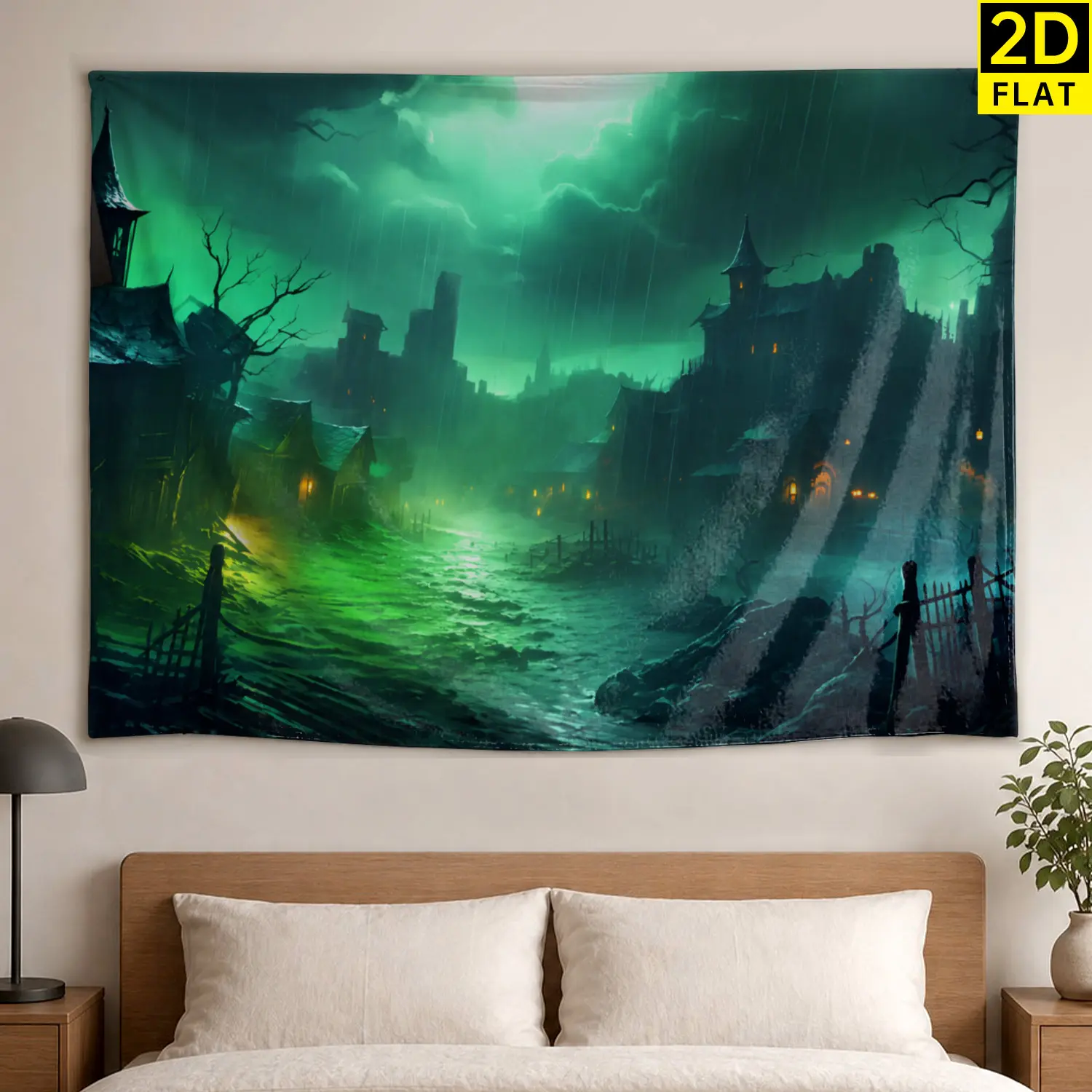 Large Horizontal Polyester Tapestry - Green Mystical Rainy Landscape Printed Home Decor Artwork, No-Installation Room Decorations, Holiday Decoration for Living Room, Family Gift