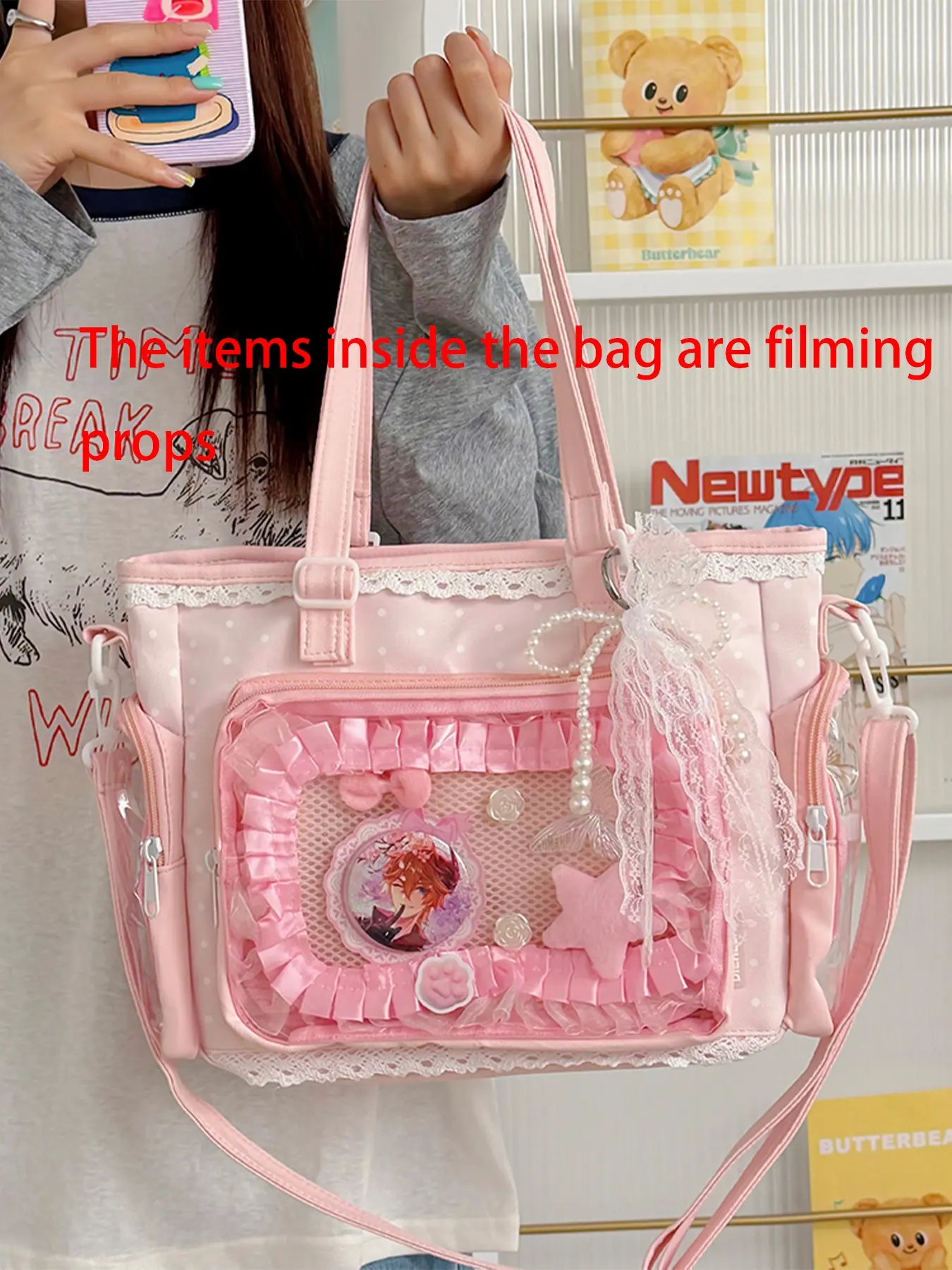 Sweet Polka Dot Lace Edge Bag, Transparent Grid Front Design, Side Insert Pockets, Multi-Style Totem Bag, Large Capacity Storage