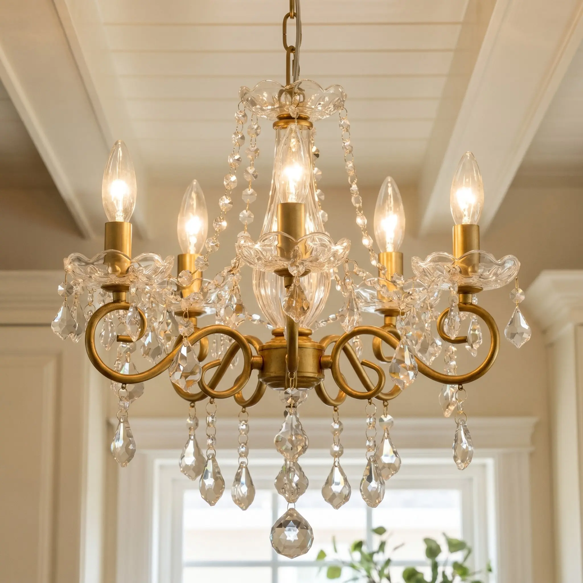 Modern Gold Crystal Chandelier,  17-Inch Candle Style Ceiling Light, Adjustable Indoor Lighting, Adjustable Height E14 K9 Fixture, Luxury Farmhouse Decor