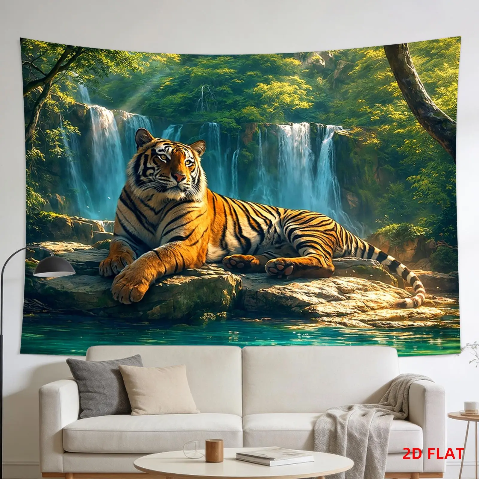 Tiger Jungle Waterfall Tapestry - Synthetic Hanging Decoration for Living Room, Meditation Settings - Non-Glow, Ideal Gift for Indoor/Outdoor Textile Wall Accents