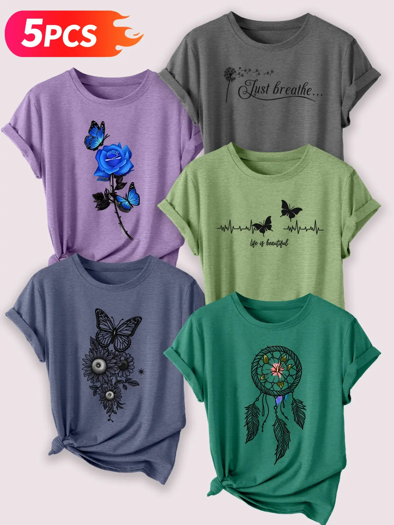 5Pcs Women's Crew Neck T-Shirts With Butterfly Floral Patterns, Printed Designs As Shown In Pictures, Multiple Colors, Machine Washable Spring & Summer Tops, Soft Skin-Friendly Fabric, Daily Casual Outfits, Fashion Versatile Style
