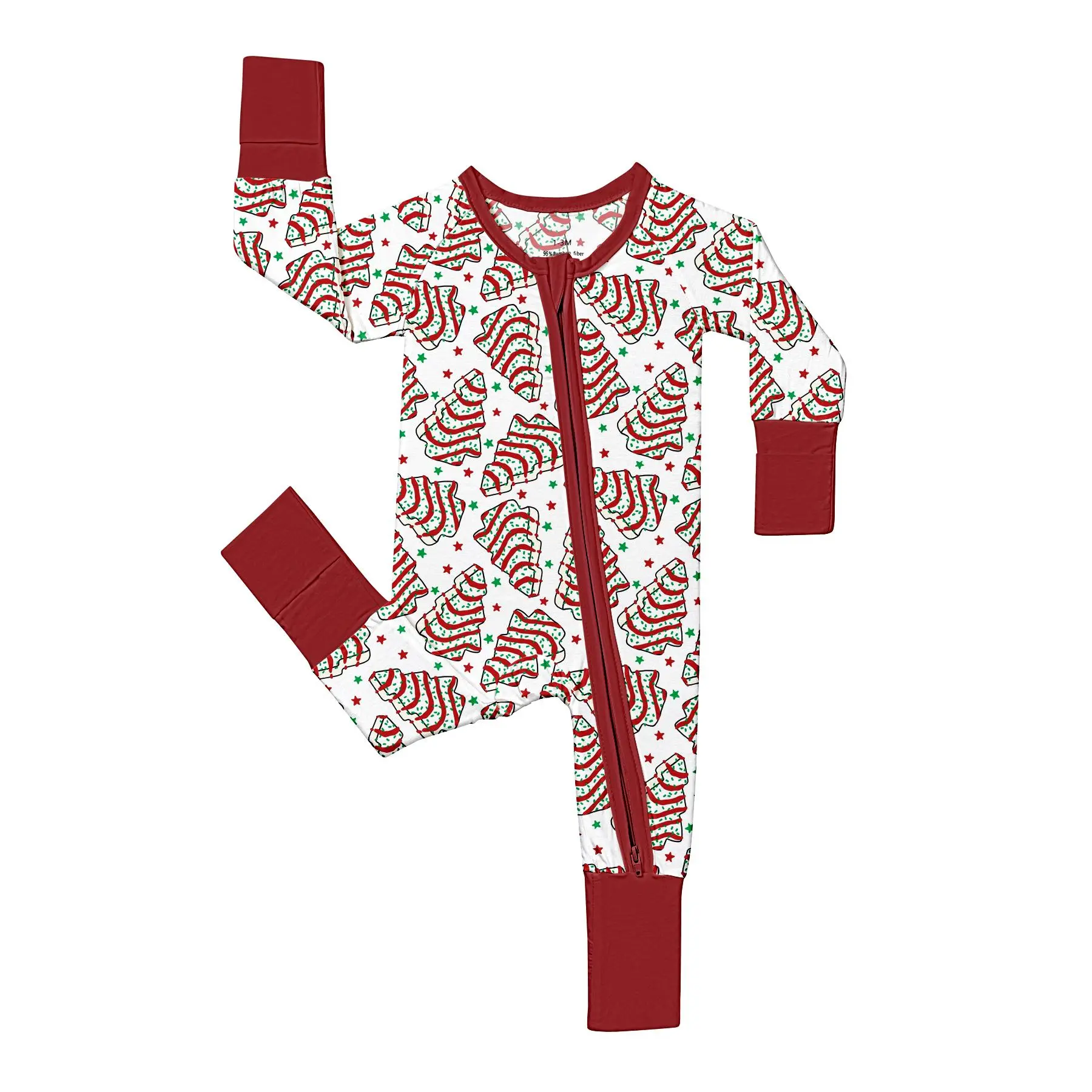 VISIKIDS Baby Bamboo Viscose Christmas Cake Print Long Sleeve 2-Way Zip-Up Front Romper Pajamas, Soft All Seasons 1-Piece Sleepwear, Christmas Gift for Newborn Infants 0-24M