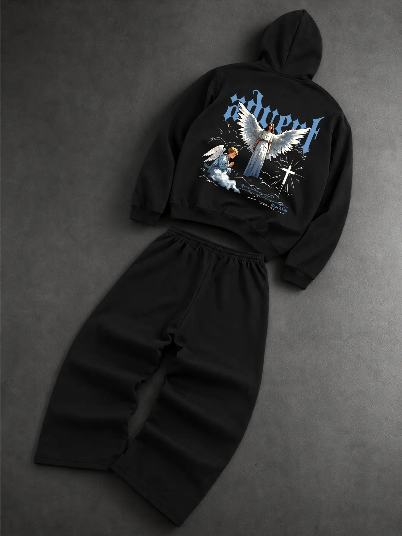 Oversized Angel Cross Graphic Tracksuit Set Unisex Vintage Gothic Back Print Pullover Hoodie & Wide Leg Sweatpants Two Piece Outfit Elastic Waist Relaxed Fit Streetwear Matching Set For Daily Campus Skater Casual Wear