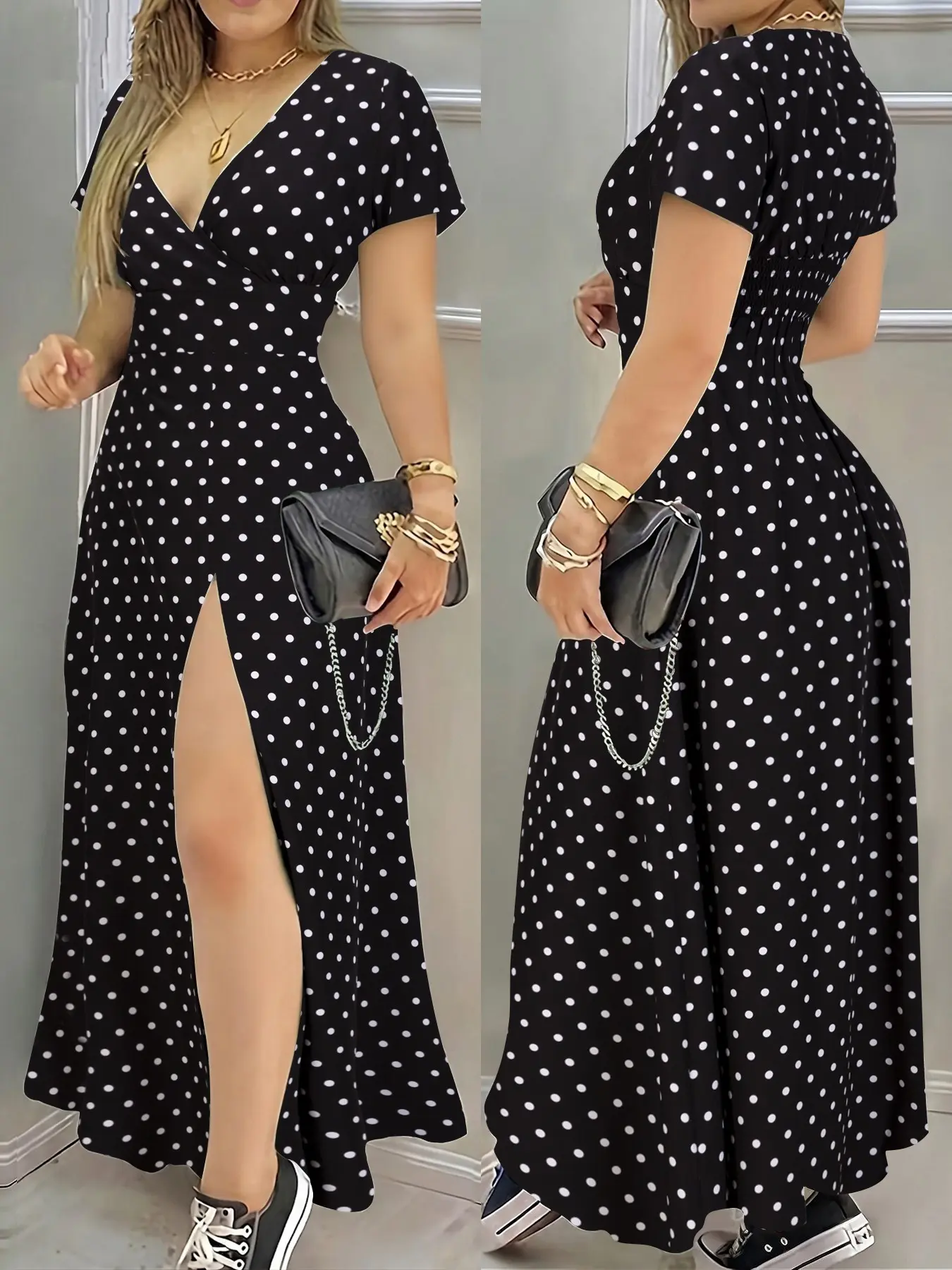 Elegant Bohemian V-Neck Polka Dot Dress, Boho Lounge Summer Fashion Short Sleeve Waist Cinch Split Dress, Casual Elegant Long Dress for Vacation Beach Party, Chic Dress