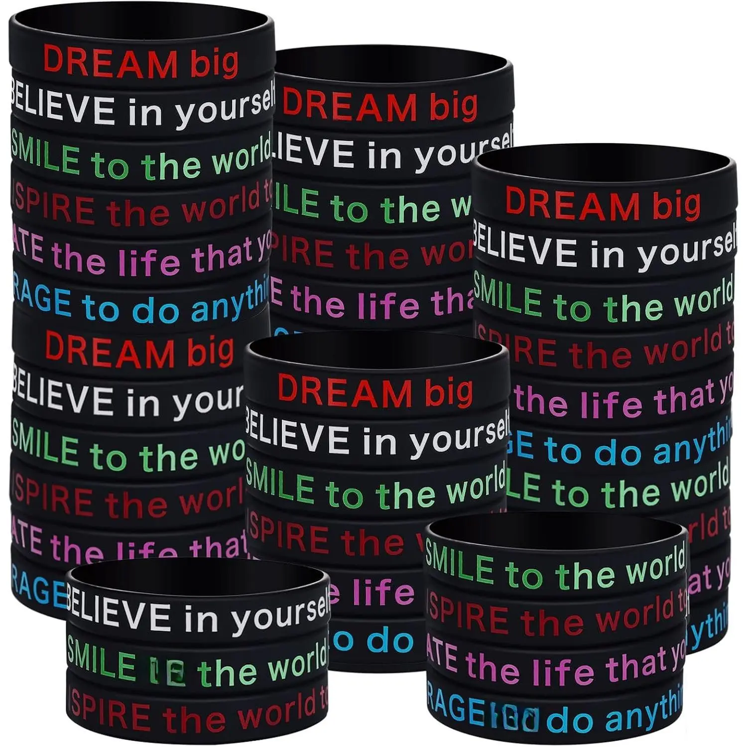 48-Count Motivational Print Rubber Bracelets, Soft Synthetic Inspirational Quotes Wristbands, Prop 65 Safe Bulk Gifts for Students, School Parties & Office Favors (Black), 1.3 Cm Width, 20 Cm Circumference, 6 Cm Diameter