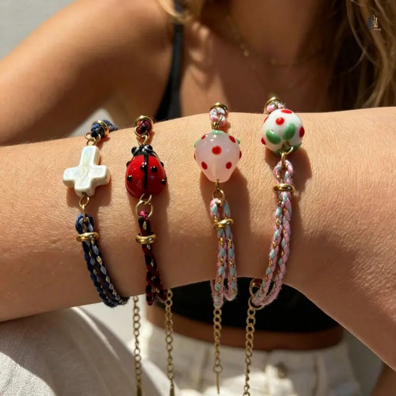 Women's Colorful Ceramic Beaded Bracelet - Strawberry Cross Charms, Lightweight Stainless Steel Jewelry, Beaded String, Comfortable Fit for Daily Wear Across Seasons