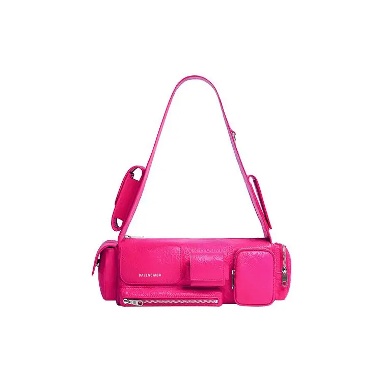 Balenciaga Superbusy Handbag for Women – Distressed Silver Hardware, Suede and Fabric Blend, Bright Pink