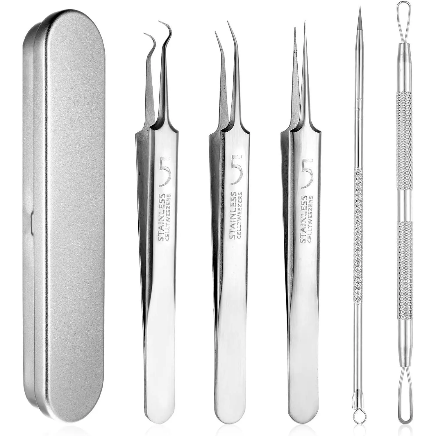 8 Pcs Blackhead Remover Tweezers Popper Remover Tool Kit Ingrown Hair Extractor Clip Set Skin Popping Removing Tools for Nose Eye Face Beauty Care Women Girls