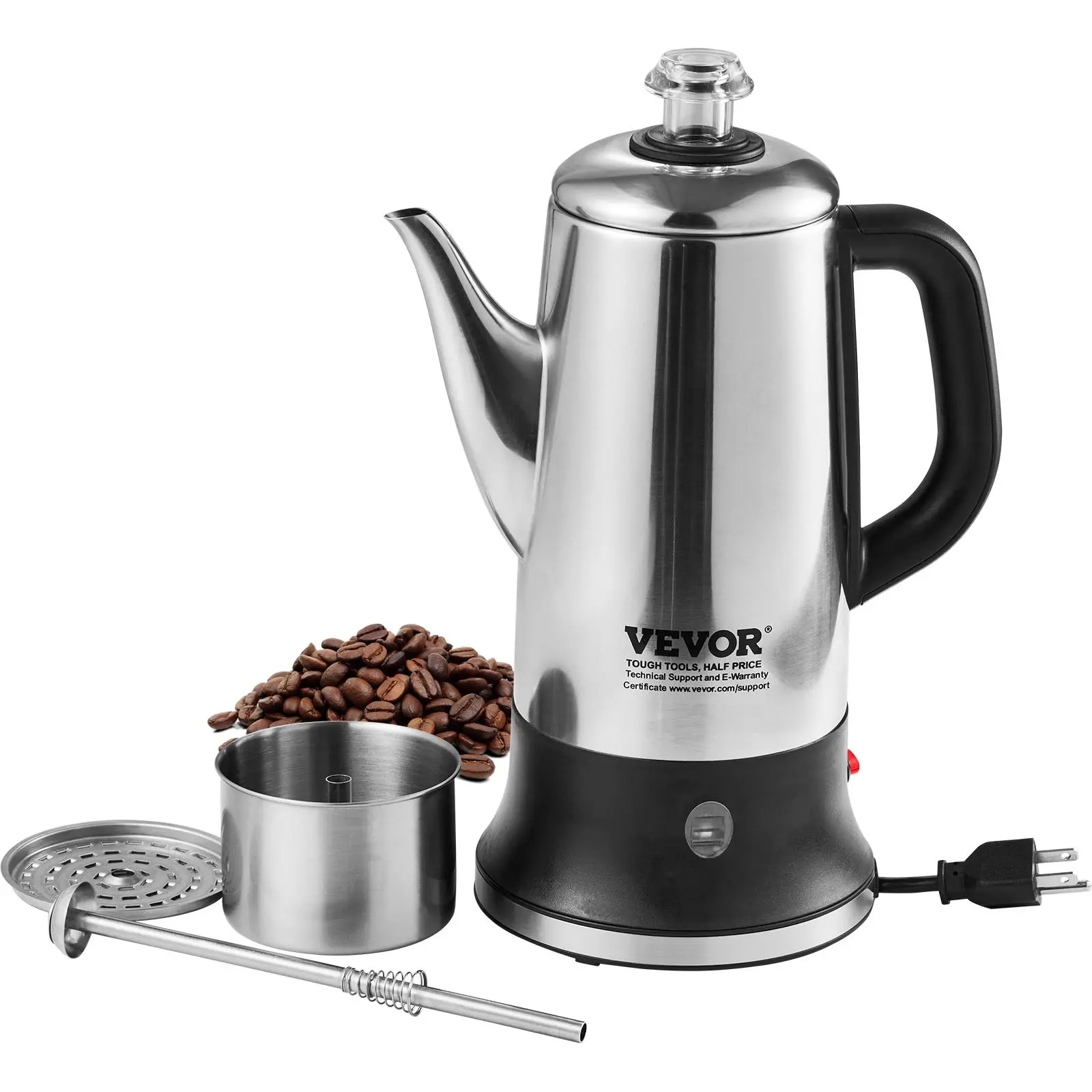 VEVOR 12-Cup Electric Percolator Coffee Pot, 304 Stainless Steel Coffee Percolator with Keep Warm Function Heat-Resistant Handle, Classic Coffee Maker, Quick Brew Easy-Pour Spout, Silver