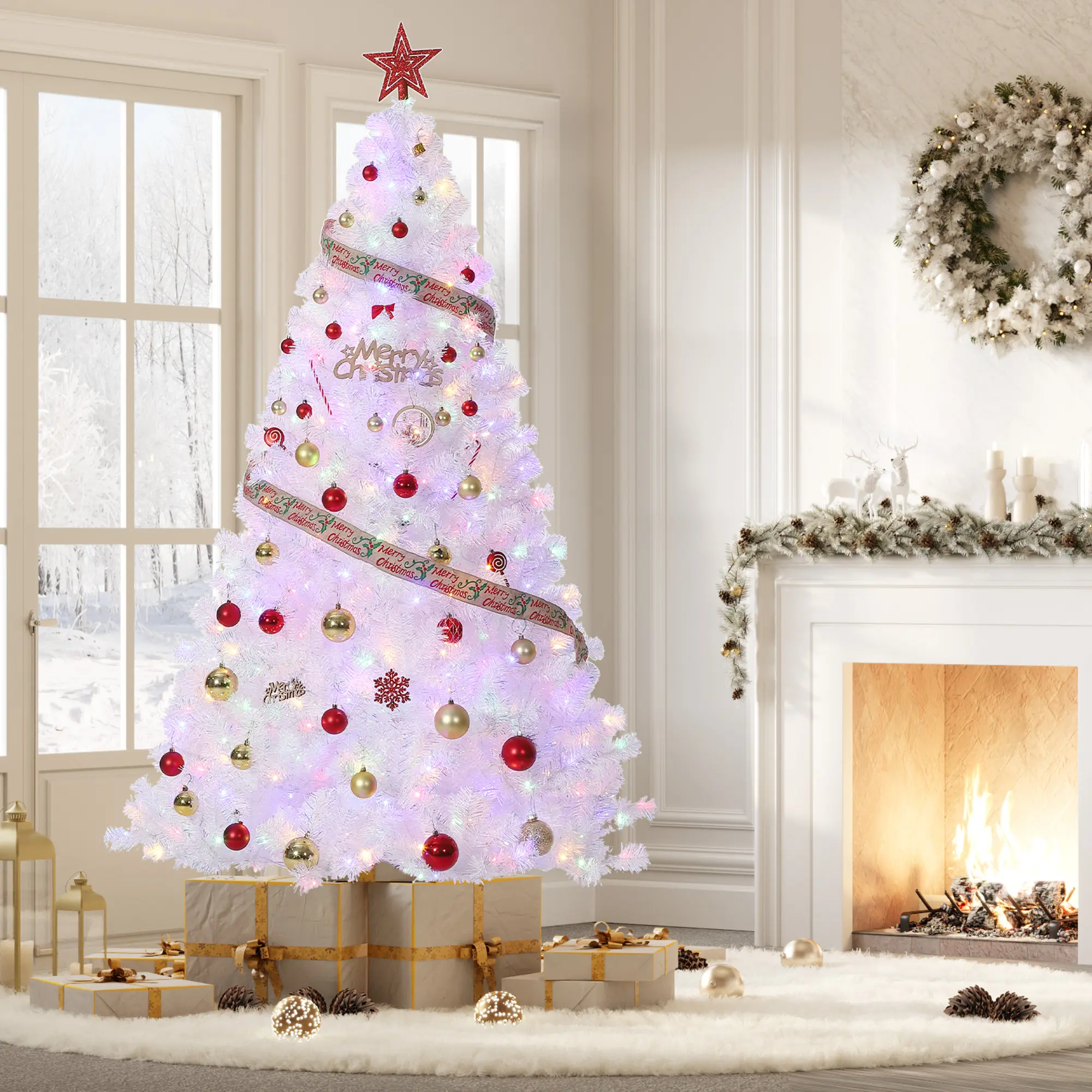 Pre-Lit White Artificial Christmas Tree, Flocked Snow Look. 7.5FT. Warm White/Dual Color LED Lights. Hinged Branches, Metal Stand. For Home, Office, Wedding. Modern Minimalist Xmas Decor