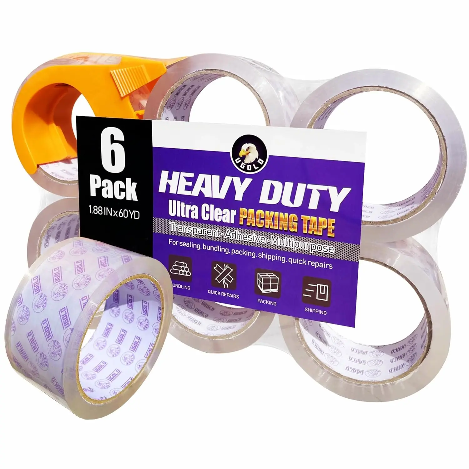 6-Pack Clear Packing Tape with Dispenser, Heavy Duty,  Transparent Packaging Tape for Packing, Shipping, Sealing, Labeling, 1.88 Inches Wide x 60 Yards