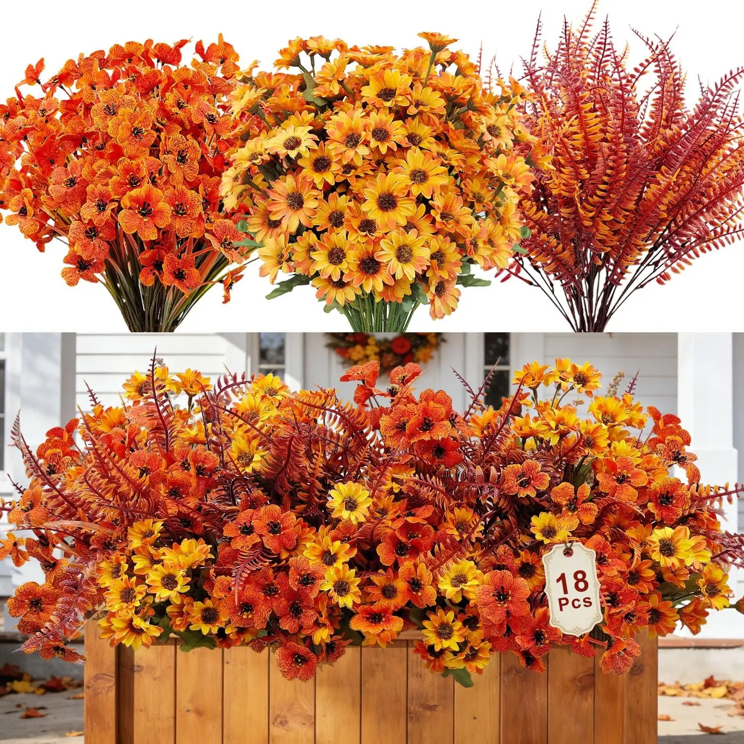 18 Bundles Artificial Fall Flowers, UV Resistant Fake Mums, Faux Fall Plants, Boston Fern, Outdoor Porch Garden Decor, Indoor Autumn Decor