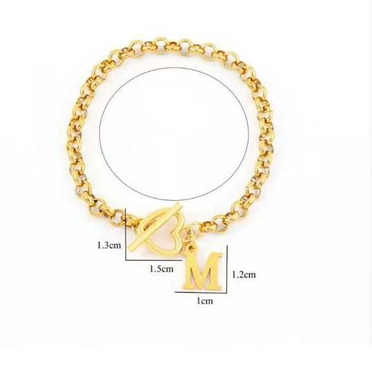 Stainless Steel Initial Letter Heart Toggle Bracelet Gold Plated 26 Alphabet Charm Bracelet for Women Daily Jewelry