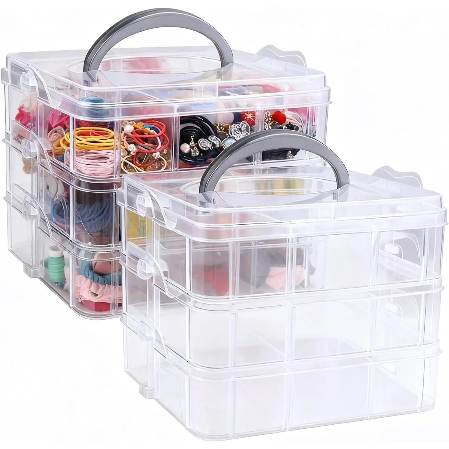 2pack 3-Tier Stackable Beads Storage Container Box with 18 compartments, Adjustable Pony Bead Organizer for Toys, Crafts, , Sewing Tools, Tackle Box Art  Organizer, 5.91" x 5.91" x 5.12"