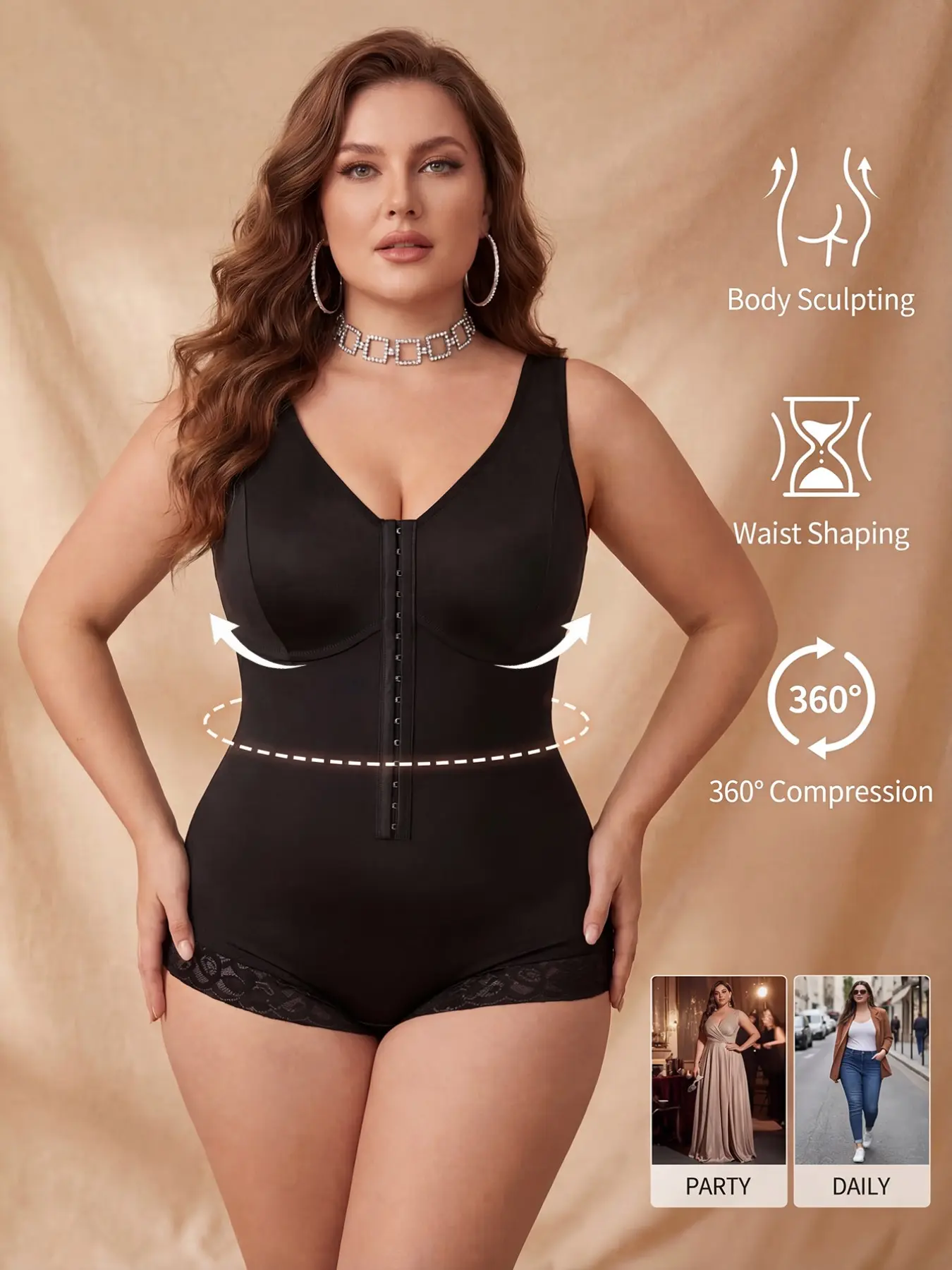 Plus Size Bodysuit with Front Button Closure, V-Neck Backless Design, High Stretch Breathable Fabric, 360° Compression, Perfect for Daily Wear, Shapewear