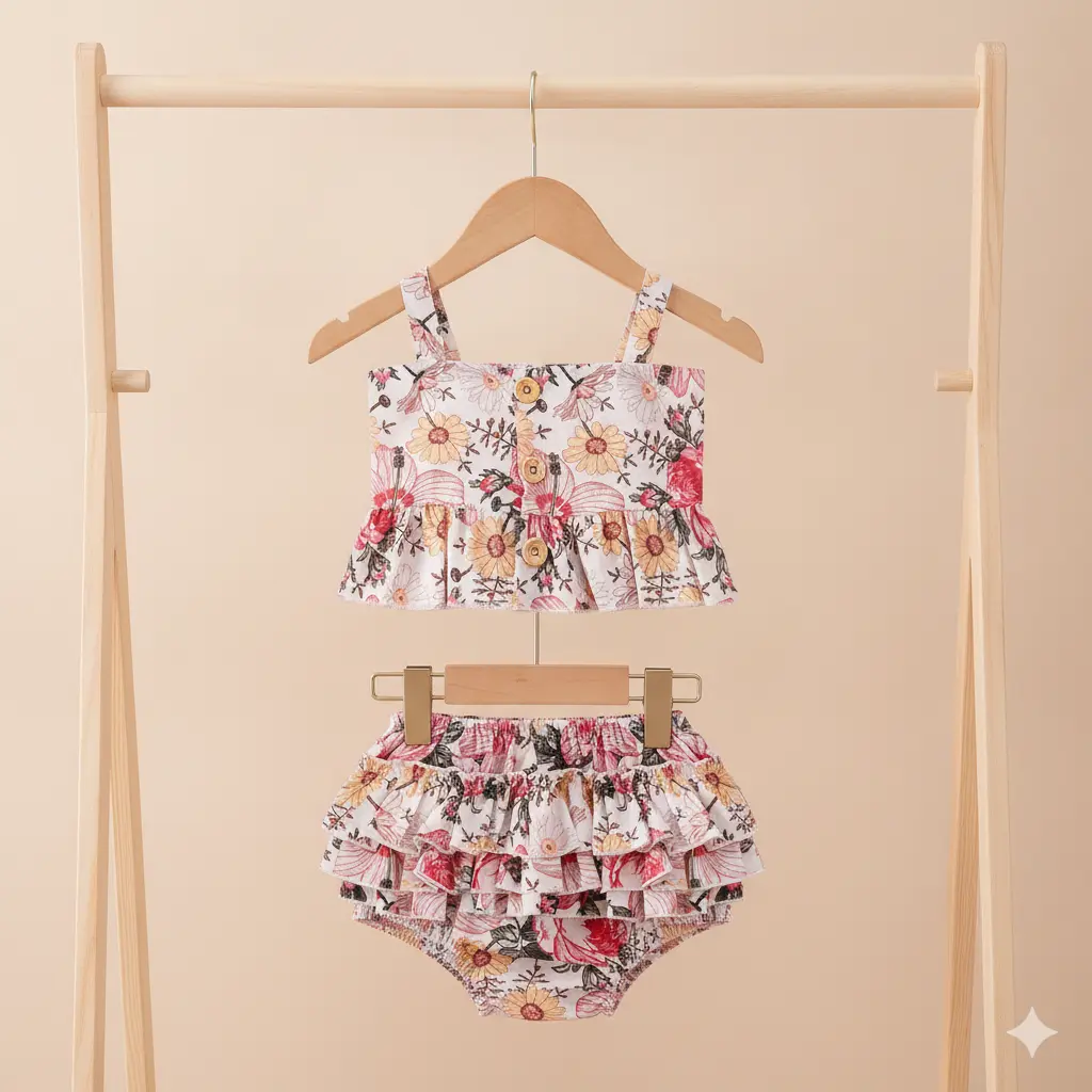 Baby & Toddler Girls' Floral Ruffle 2-Piece Summer Baby Clothing Set, Cotton-Polyester Halter Crop Top & Shorts, 0-3 Years, Two Piece Set