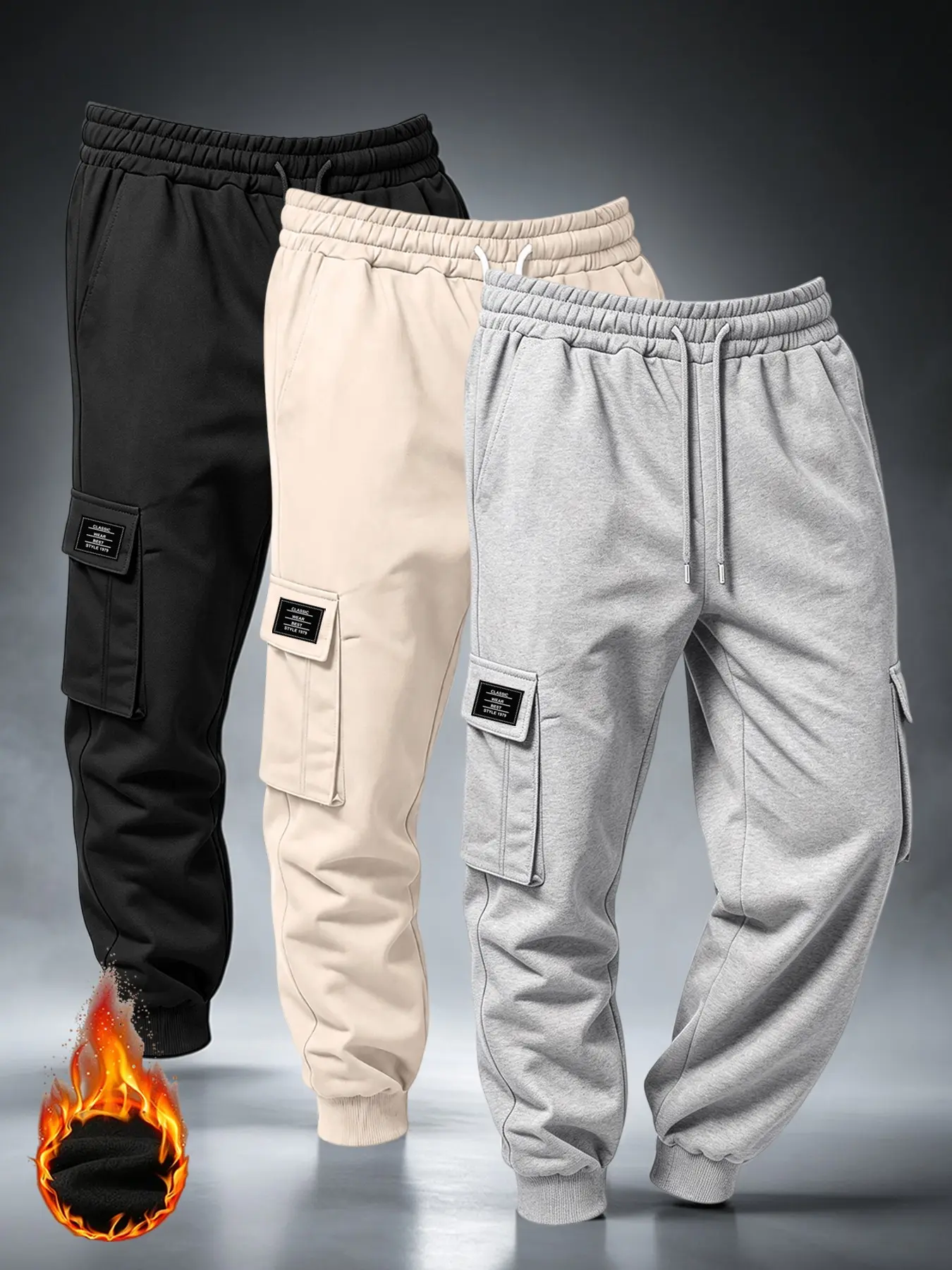 Men's 3-Pack Fall Winter Fleece Lined Cargo Pants, Print Logo Multi-Pocket Design, Loose Warm Comfortable Casual Long Pants