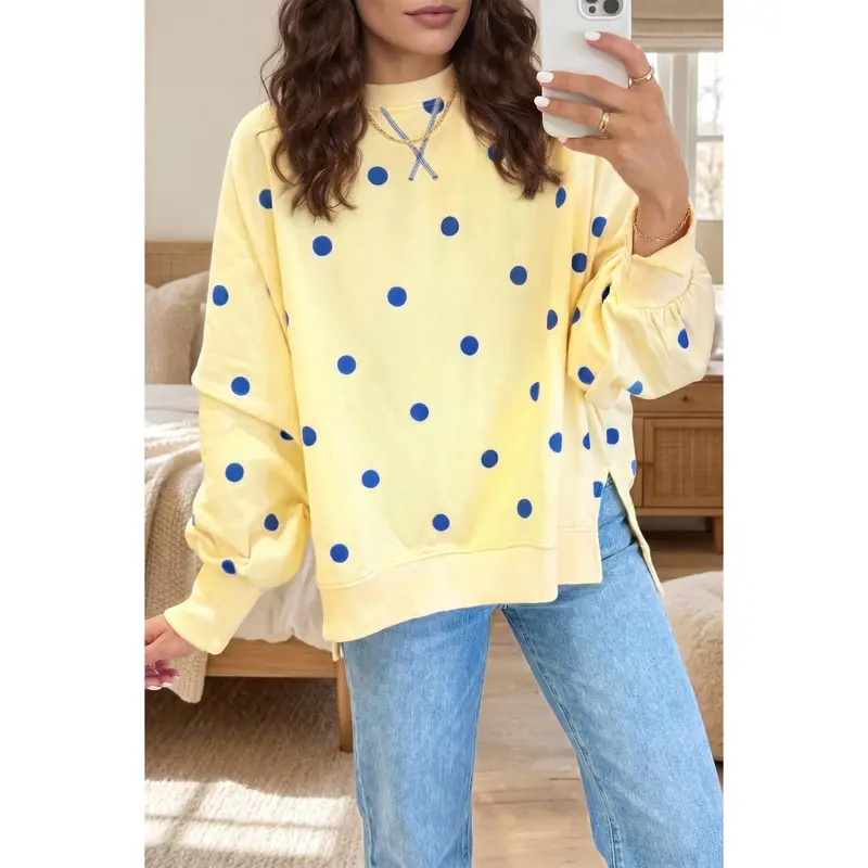 Women's Polka Dot Crewneck Sweatshirt, Long Sleeve Relaxed Loose Fit Pullover Top with Ribbed Cuffs & Hem, Contrast Dot Print Cute Fall Tops for Women, Casual Everyday Tops for Daily Wear, Weekend, Travel & Going Out, Women's Fall Clothing 2026