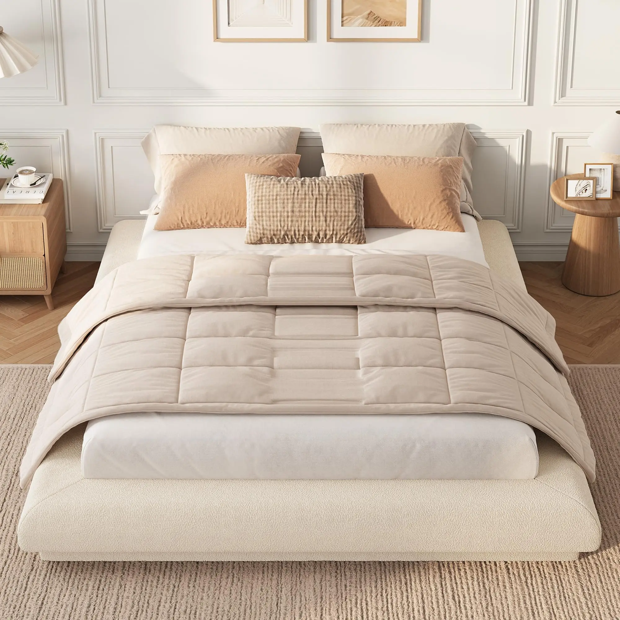 Modern Floating Platform Bed Frame - Upholstered Design with Headboard - Noise-Free - Easy Assembly - No Box Spring Needed - Full/Queen/King，Dark Grey or Off White, Queen Size Bed Frame, Full Size Bed Frames, Bedroom Decor