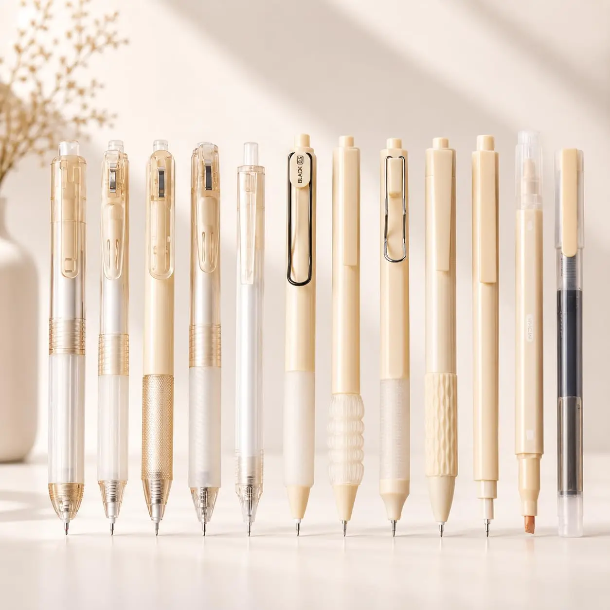 Christmas Stocking Stuffer for Girls, Beige Gel Pen Set Pack of 12,Cute 0.5 mm Fine Tip Retractable Black Ink Pens with 1Pack -Tip Highlighter for Writing, School Office Supplies (Beige)
