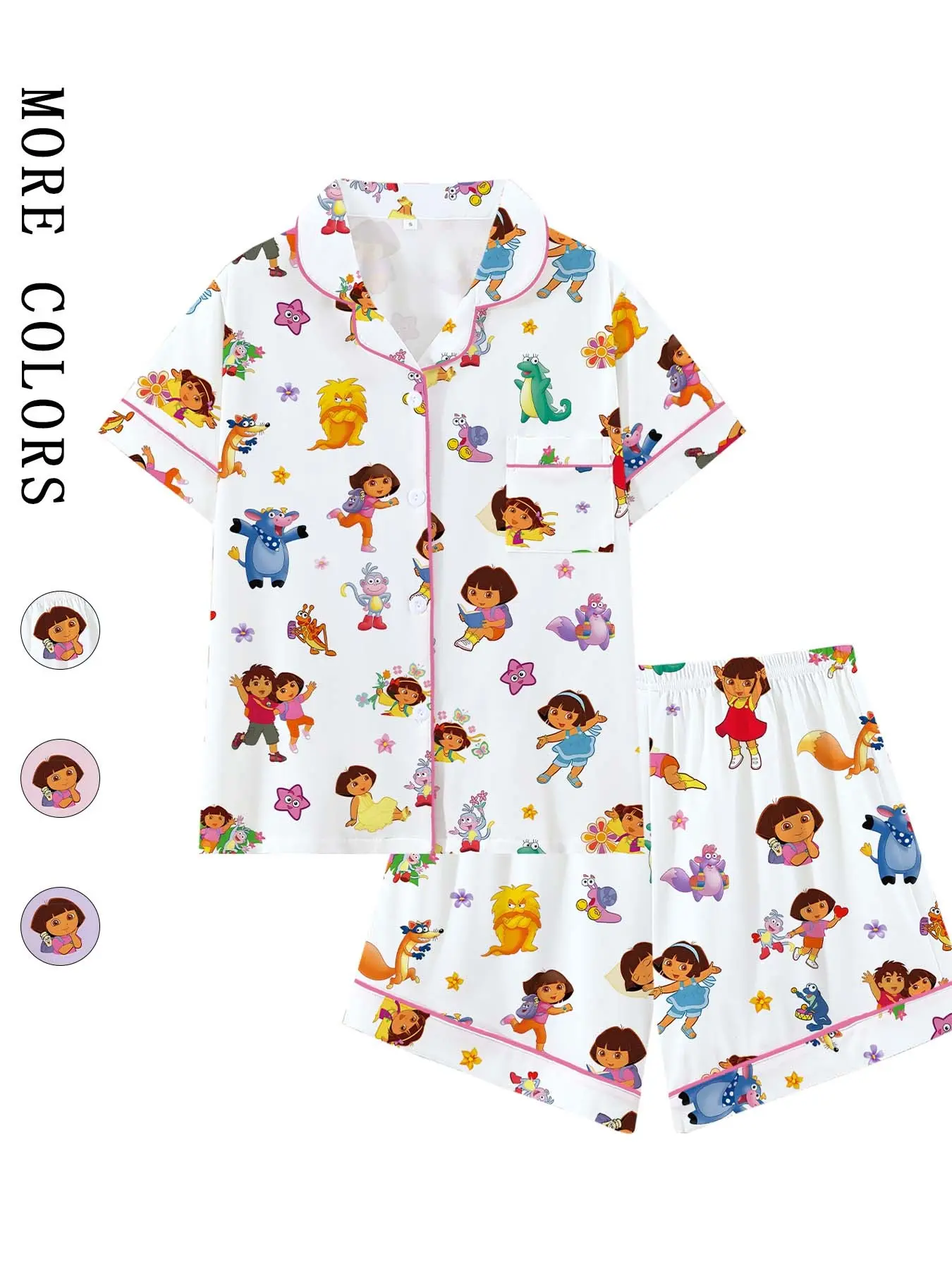 Women's 90s/00s Cartoon Character Print Pajama Set, Cute Short Sleeve Button Front Shirt & Elastic Waist Shorts Set, Loungewear, Casual 2-Piece Sleepwear for Nostalgic Fans, Contrast Binding Pjs
