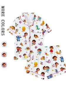 Women's Cute Adventure Girl Cartoon Print Pajama Set, Short Sleeve Button Down 2-Piece Loungewear, Colorful Explorer Character Sleepwear with Pink Trim,Casual 2-Piece Button Front Sleepwear for Nostalgic Fans,Cute 90s/00s Cartoon Explorer Pajama Set Pjs