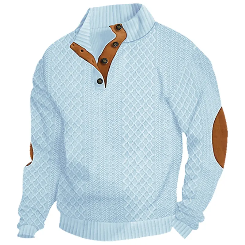 Men's retro casual color-matched jacquard button-up pullover hoodie, regular fit casual long-sleeved pullover with hood, suitable for spring and autumn seasons, fashionable men's knitwear, the top choice for daily wear