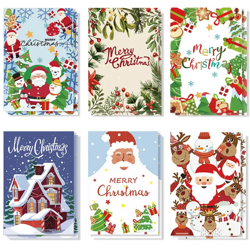 6pcs Christmas Cards Set, Cute Cartoon Kids Party Supplies, Santa Claus Snowman Gift Tags, Holiday Invitations, Festive Greeting Cards