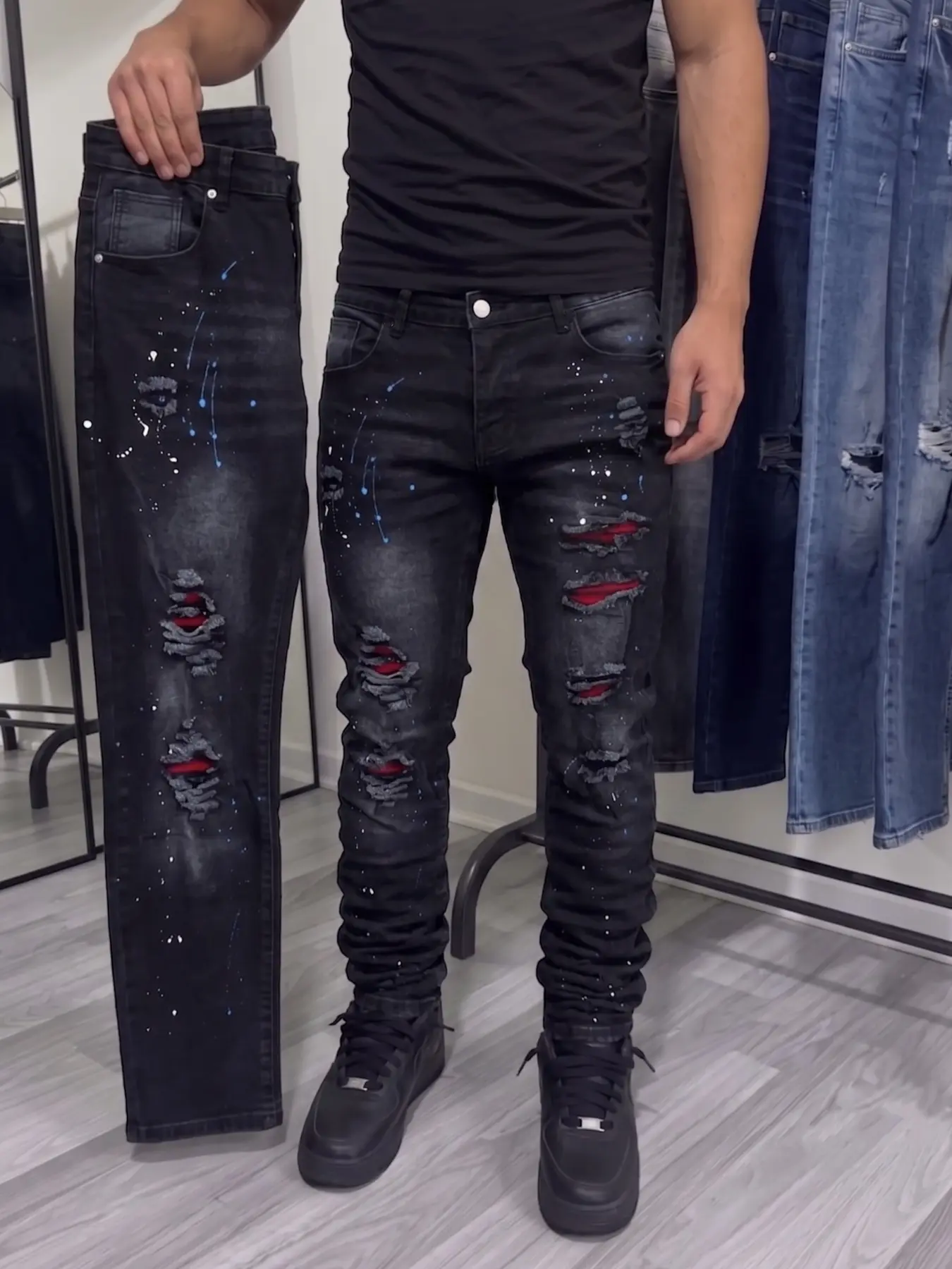 Men Ripped Jeans, Blue Splash-Ink Print, Distressed Hole Denim Jeans, Liner, Streetwear Skinny Trousers, All Seasons