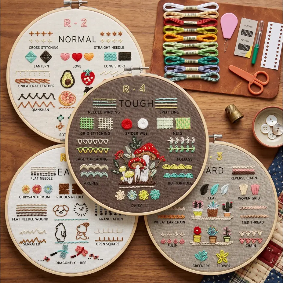 Beginner Embroidery Full Kit - 33 Stitches Learning Set, 4 Practice Cloths, 1 Hoop, Threads, Needles, Video Tutorials, Ideal Gift for Her (Mother’s Day Self-Care)