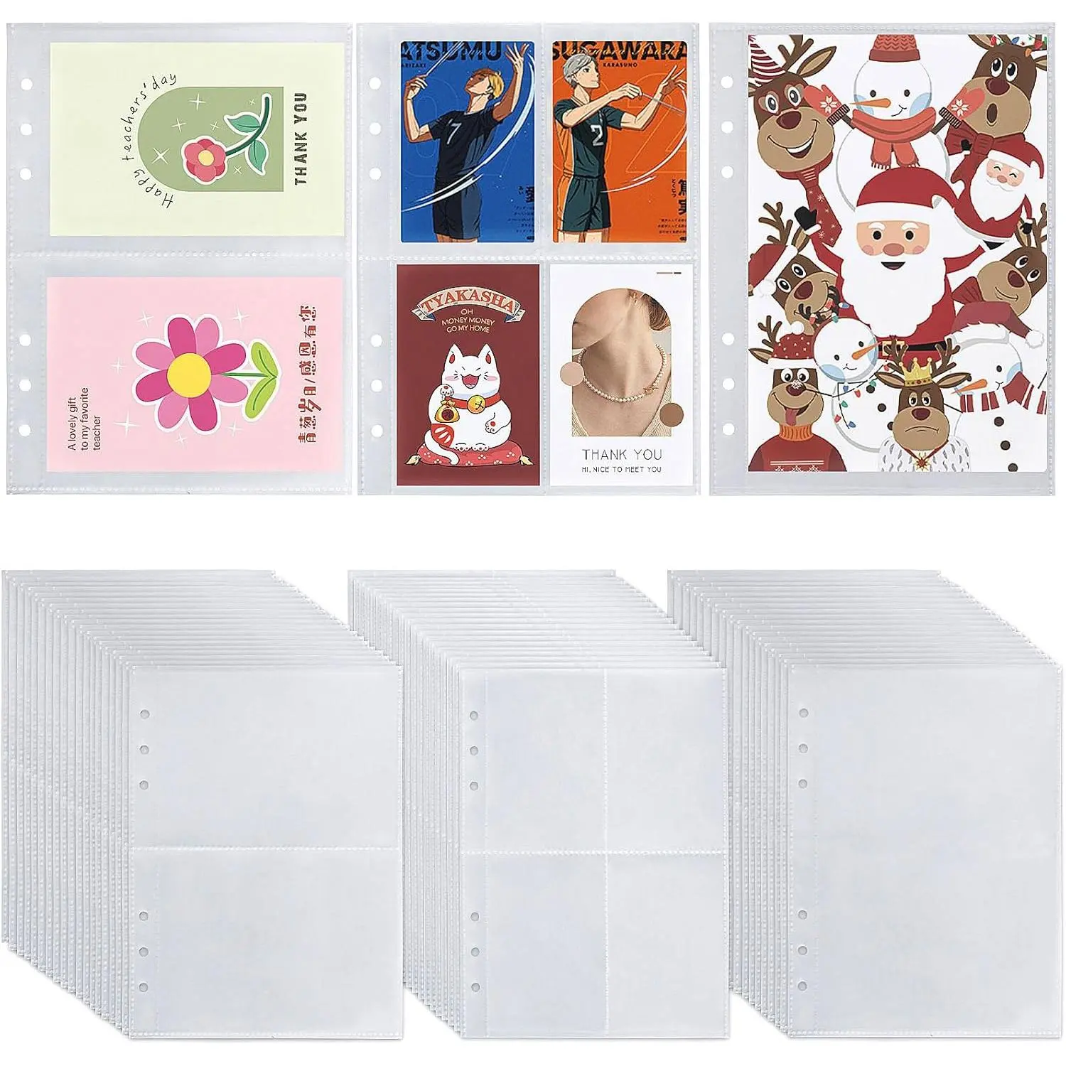 60 Sheets A5 Binder Pockets, 3 Size -Sided Card Binder Sleeves for 6 Ring Binde(4 Pocket 2 Pocket 1 Pocket)