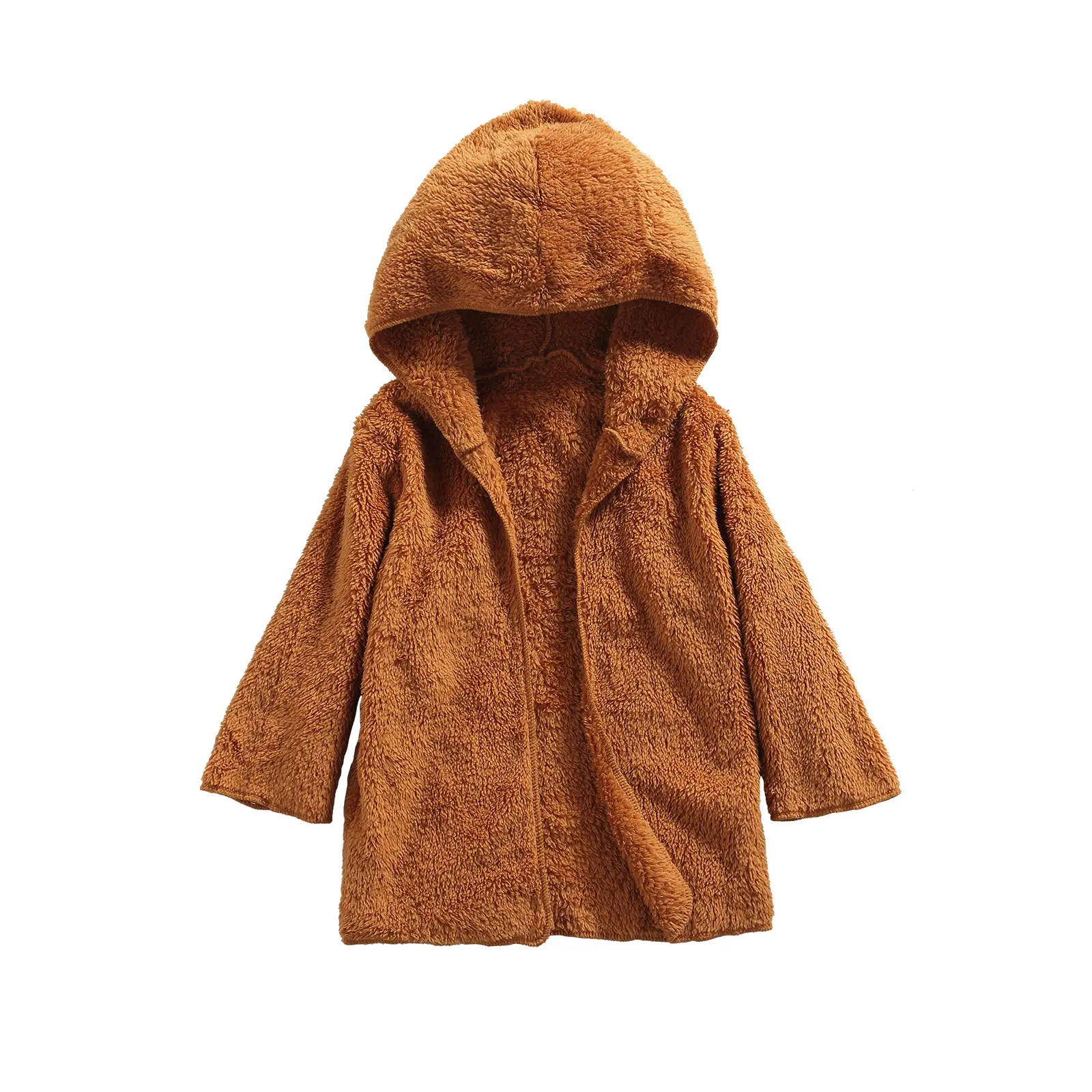 Toddler Hooded Plush Jacket Baby Open Front Long Sleeve Solid Color Outerwear Black Brown Cute Winter Coat