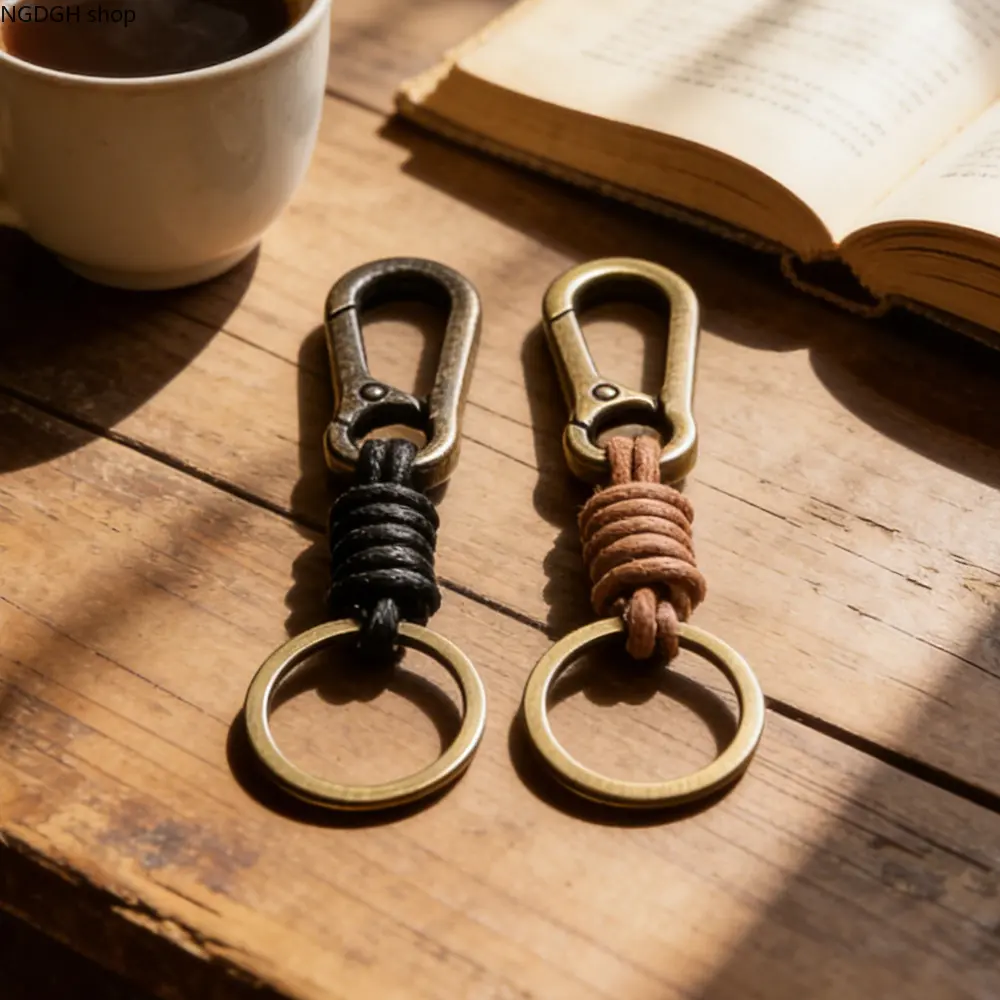Vintage Braided Rope Keychain, Antique Brass Carabiner Key Ring, Minimalist Hand Knotted Cord Key Holder, Durable Portable Key Organizer, Retro Accessory for Car Keys, Backpack, Ideal Daily Gift for Men & Women