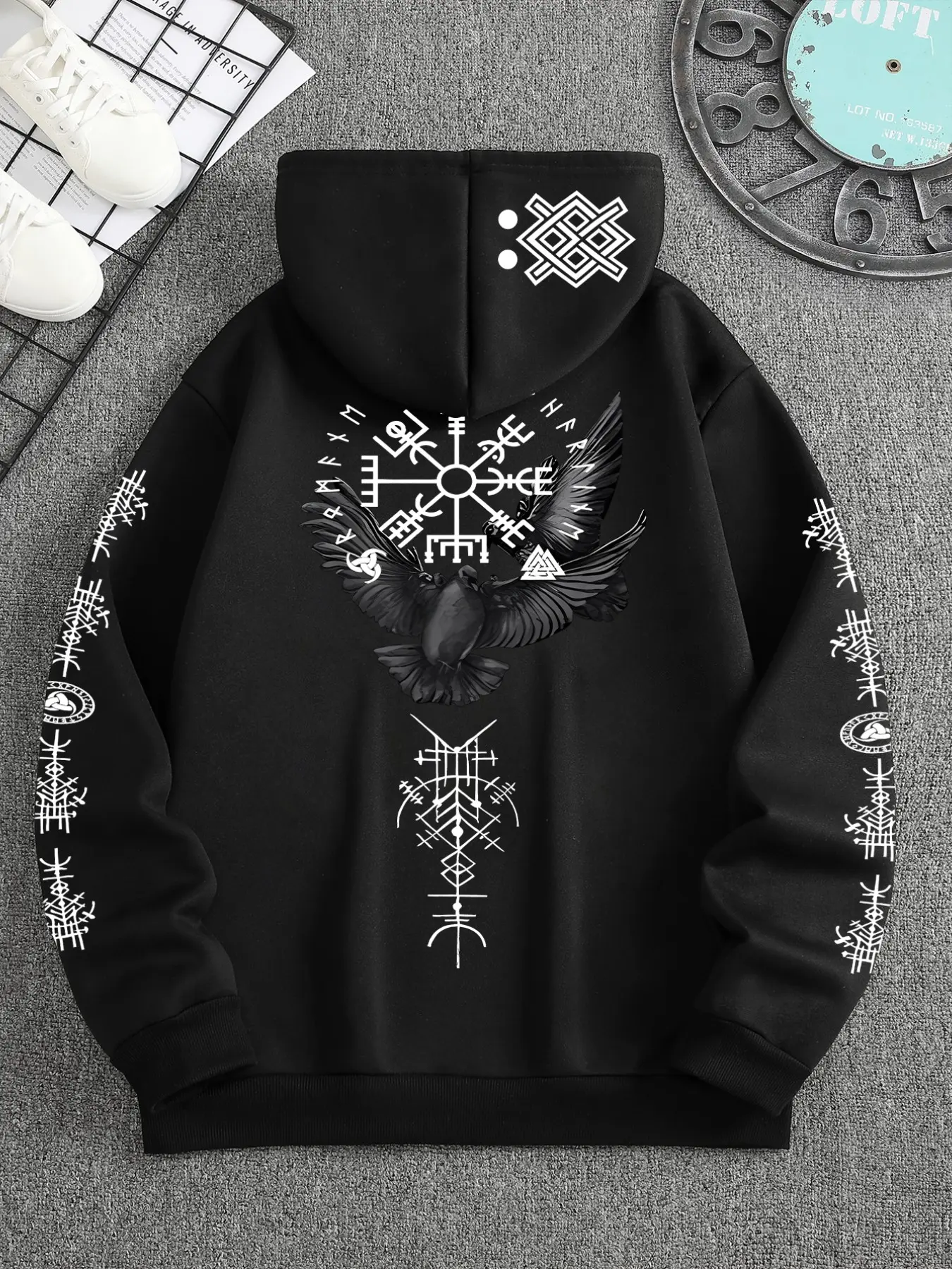 Men's Autumn Winter Viking Culture Mystery Runes Print Graphic Hoodie, Dark Cool Trendy, Eye-Catching, Fitted Casual Style
