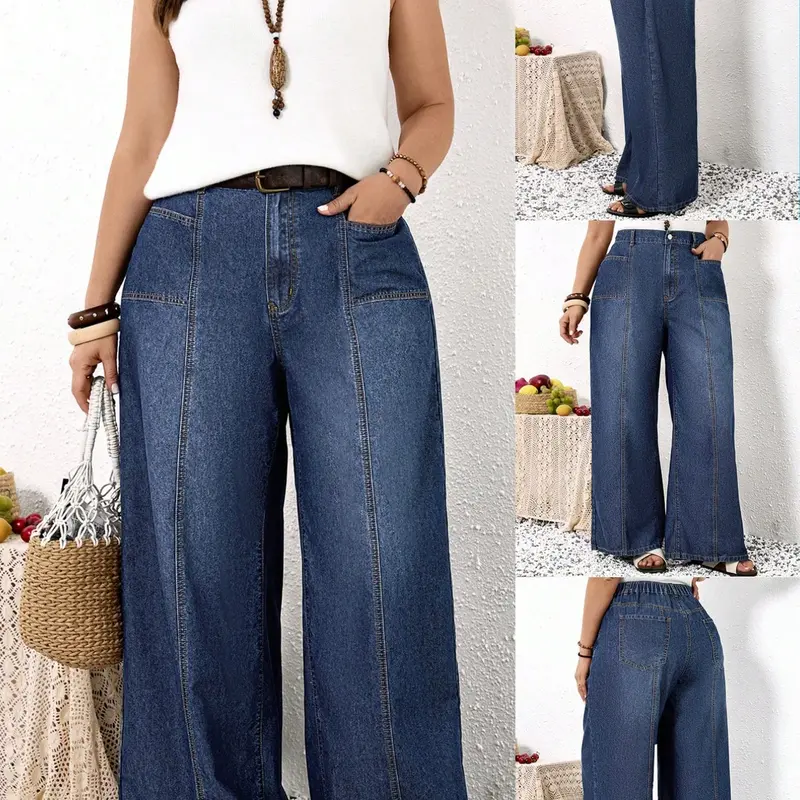 American Vintage Oversized Wide Leg Jeans, Plus Size High Waist Pockets Denim Pants