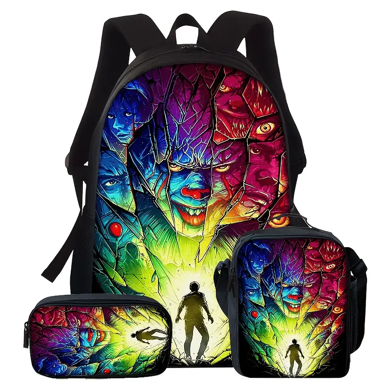 Horror Movie Fans' 3-Piece Waterproof Oxford Cloth Backpack Set - Durable, Lightweight School Bag with Adjustable Strap, Thermal Lunch Tote, Stationery Pouch, Psychedelic Rainbow Cracked Glass Pennywise Collage Silhouette Print