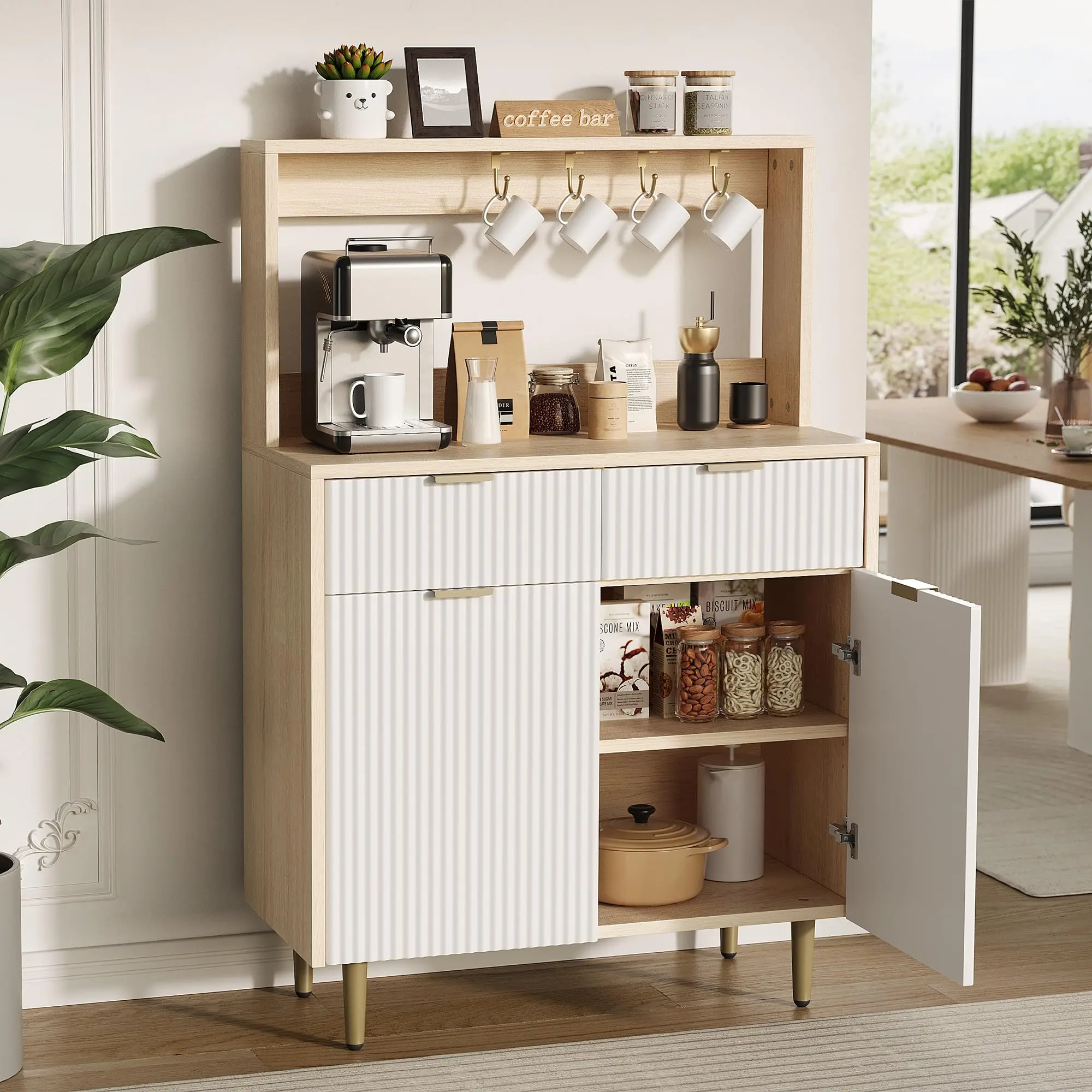 Garvee Sideboard Buffet Cabinet with Storage, Coffee Bar with Adjustable Shelves & 2 Drawers, Modern Wooden Buffet Console Table for Dining Room, Living Room, Kitchen, Entryway, Natural