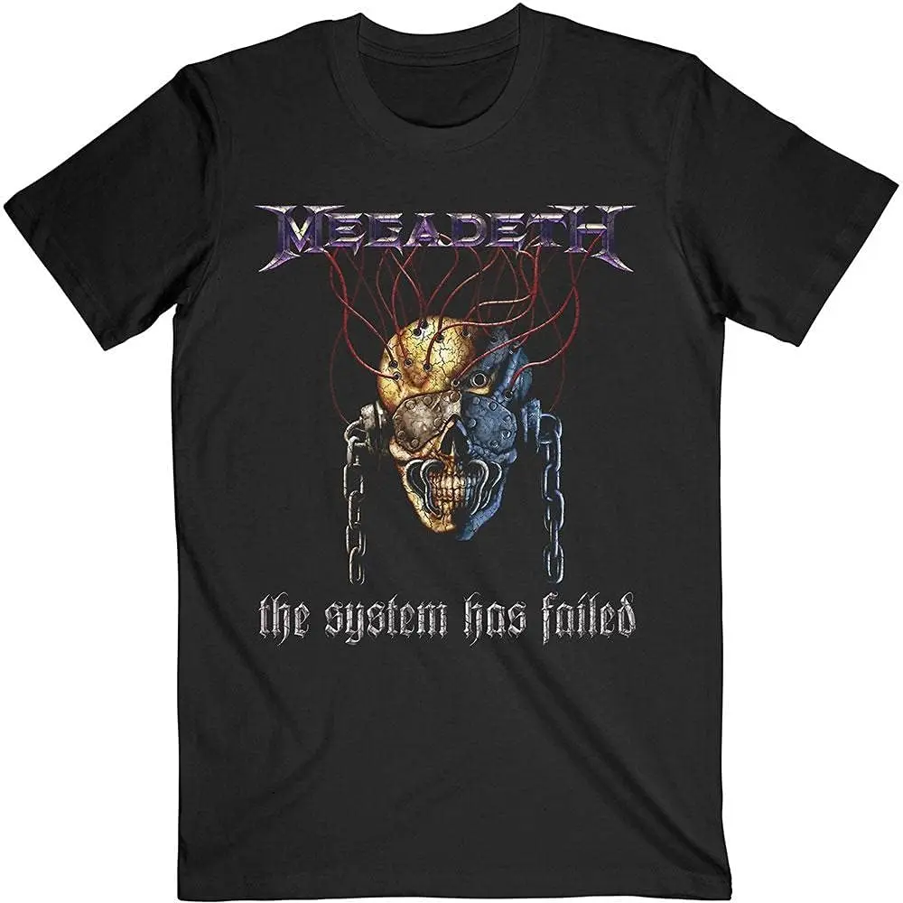Men's Megadeth The System Has Failed Vintage Graphic T-Shirt - Crew Neck, Short-Sleeve Tops, Black, Mechanical Split Skull Red Nerve Chain Design, Breathable Thrash Metal Album Fabric, Casual Street Layer, Halloween Outdoor Wear for Metal Fans, Menswear,,