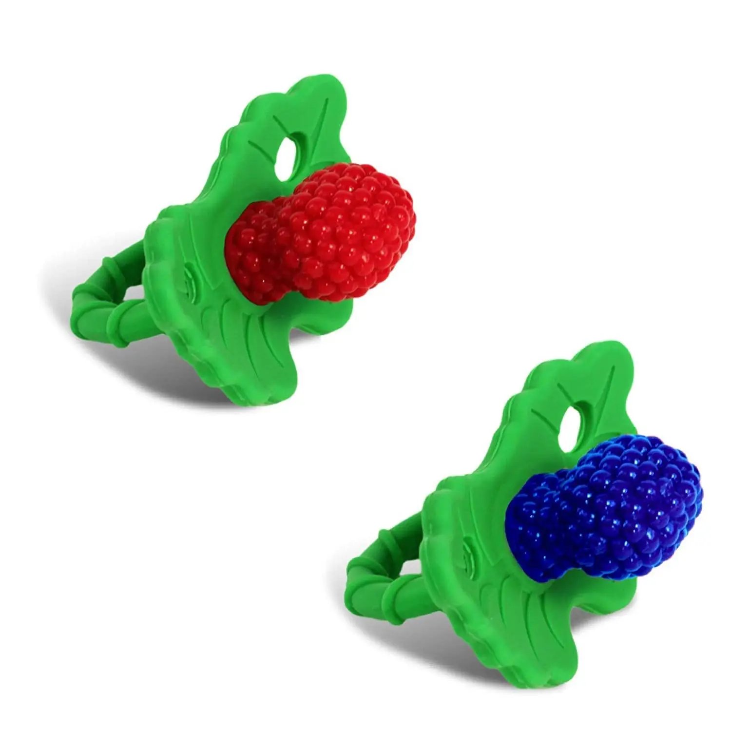 RaZberry Silicone Teether Pacifier – Teething Relief for Infants, Food-Grade, BPA-Free, Hands-Free, Natural Berrybumps Fruit Texture for Sensory Development, Freezable, 2-Pack - Red & Blue