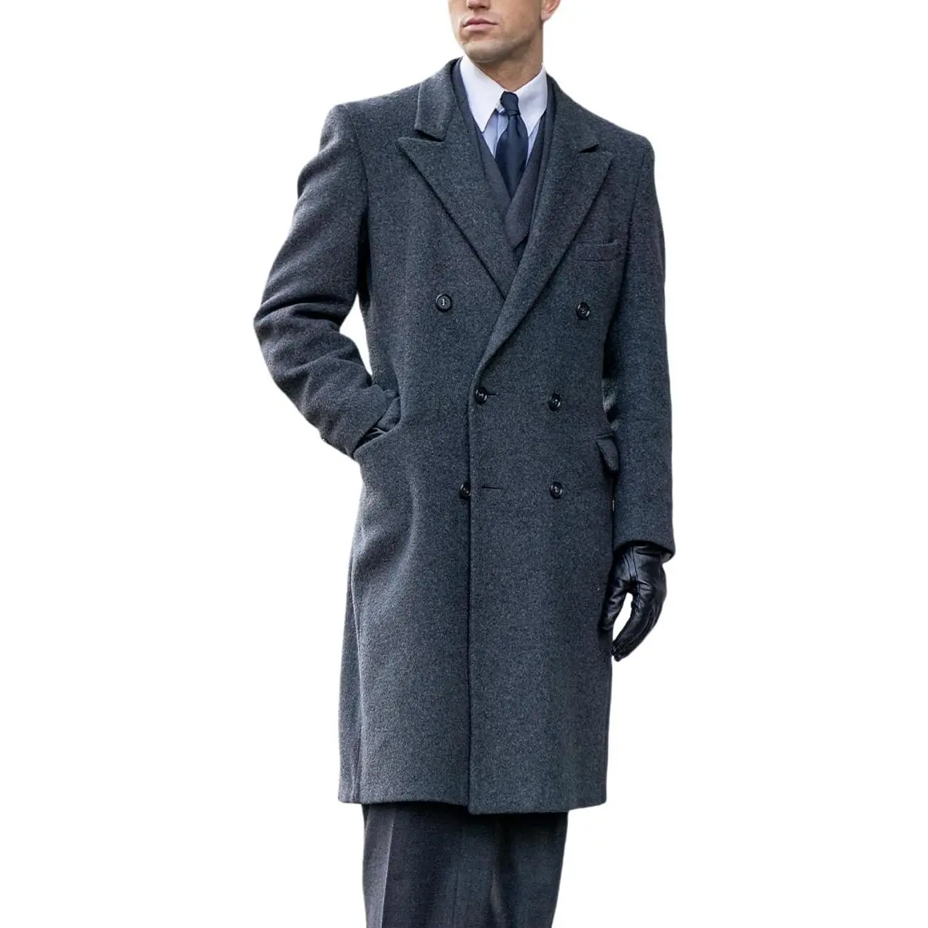 Men's Fashion Polyester-Wool Double-Breasted Notched Lapel Long Sleeve Trench Coat, Warm Winter Casual Overcoat With Pockets & Tie