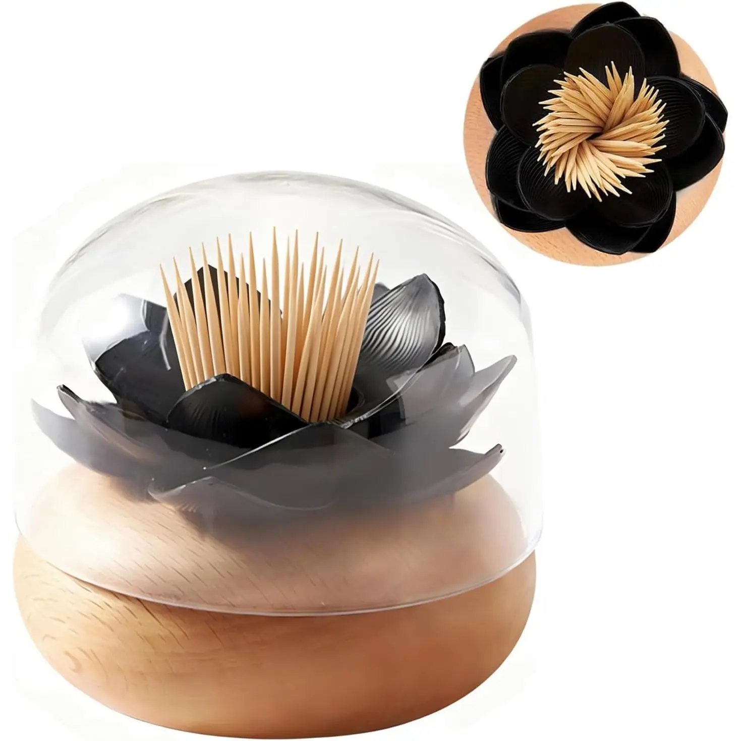 Black Wooden Decorative Toothpick Dispenser Holder for Kitchen Bathroom Accessories Cute Gift with 80 Toothpicks (Black)