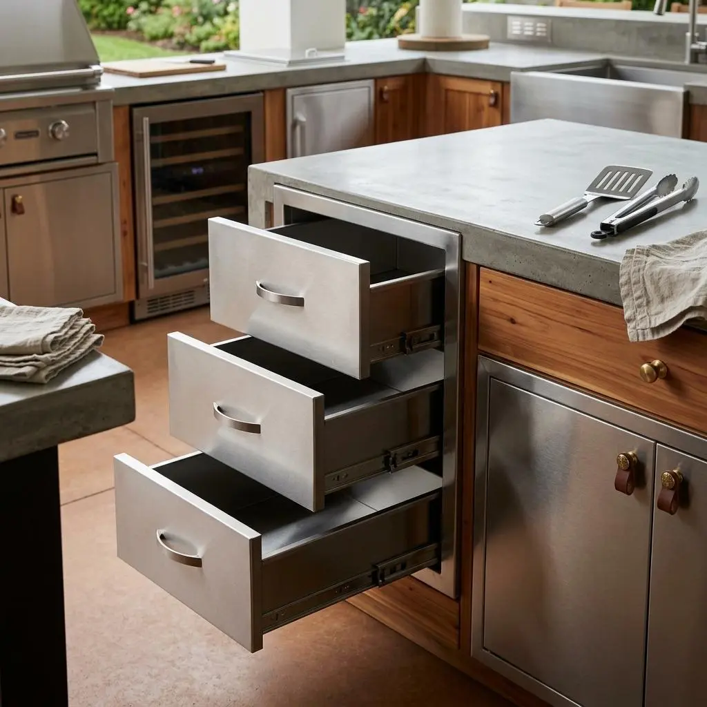 IdealHouse Weatherproof Stainless Steel Outdoor Kitchen 3-Drawer Unit - Soft-Close Door BBQ Cabinet, Flush Mount Storage for Grill Island - 14"W x 23"H x 21"D