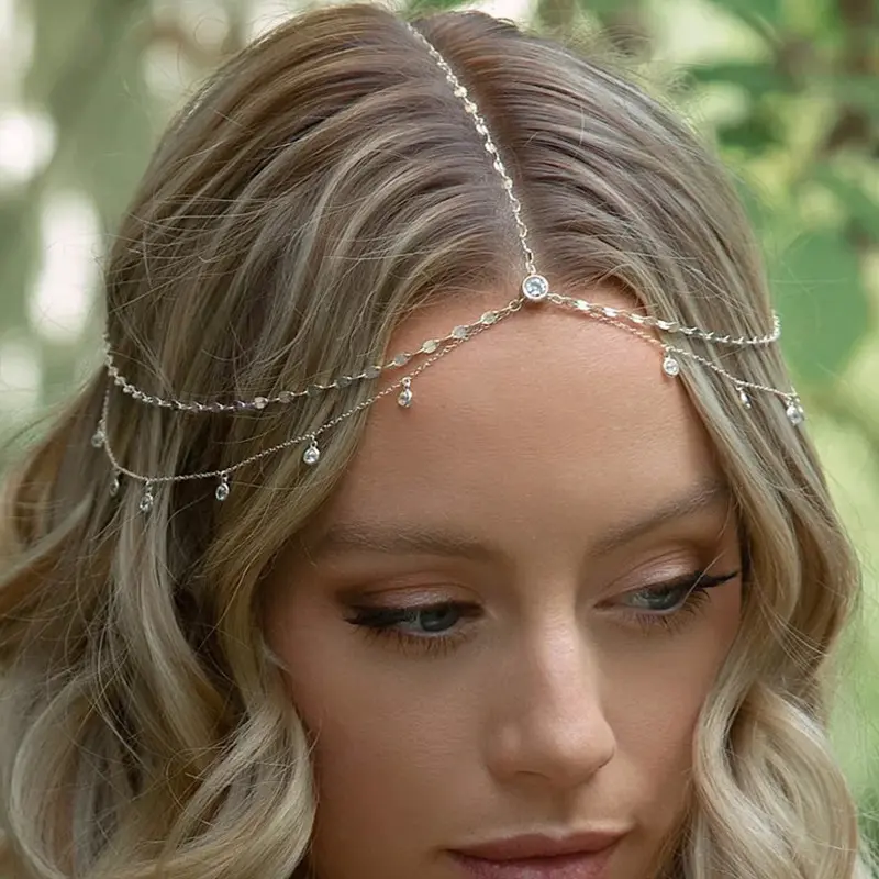 Luxury Boho Rhinestone Bridal Forehead Chain, Sparkly Crystal Head Chain Wedding Hair Accessories for Women, Versatile Bohemian Rhinestone Forehead Jewelry for Bride Evening Party