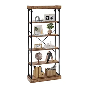 GARVEEIndustrial 6-Tier Wood Bookshelf with Metal Frame, Large Rustic Open Rack Shelf in Grey for Bedroom, Living Room, and Home Office Storage and Display